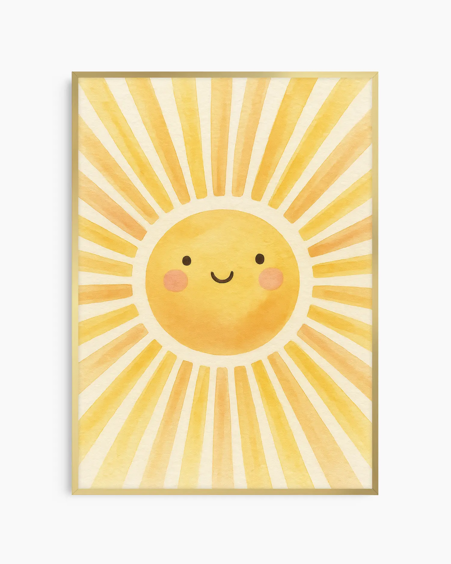 Children's poster of a sun with a smiling face on a yellow background framed in a golden aluminium frame.