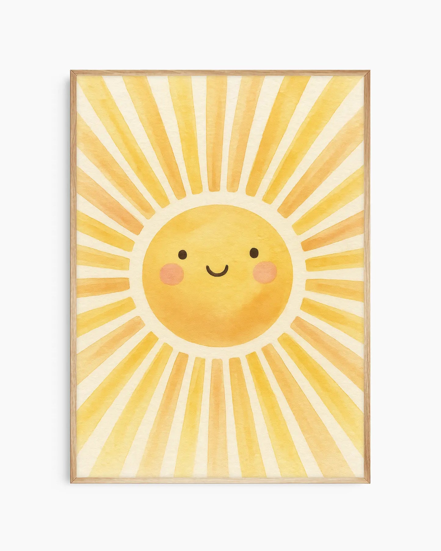 Children's poster of a sun with a smiling face on a yellow background framed in an oak frame.