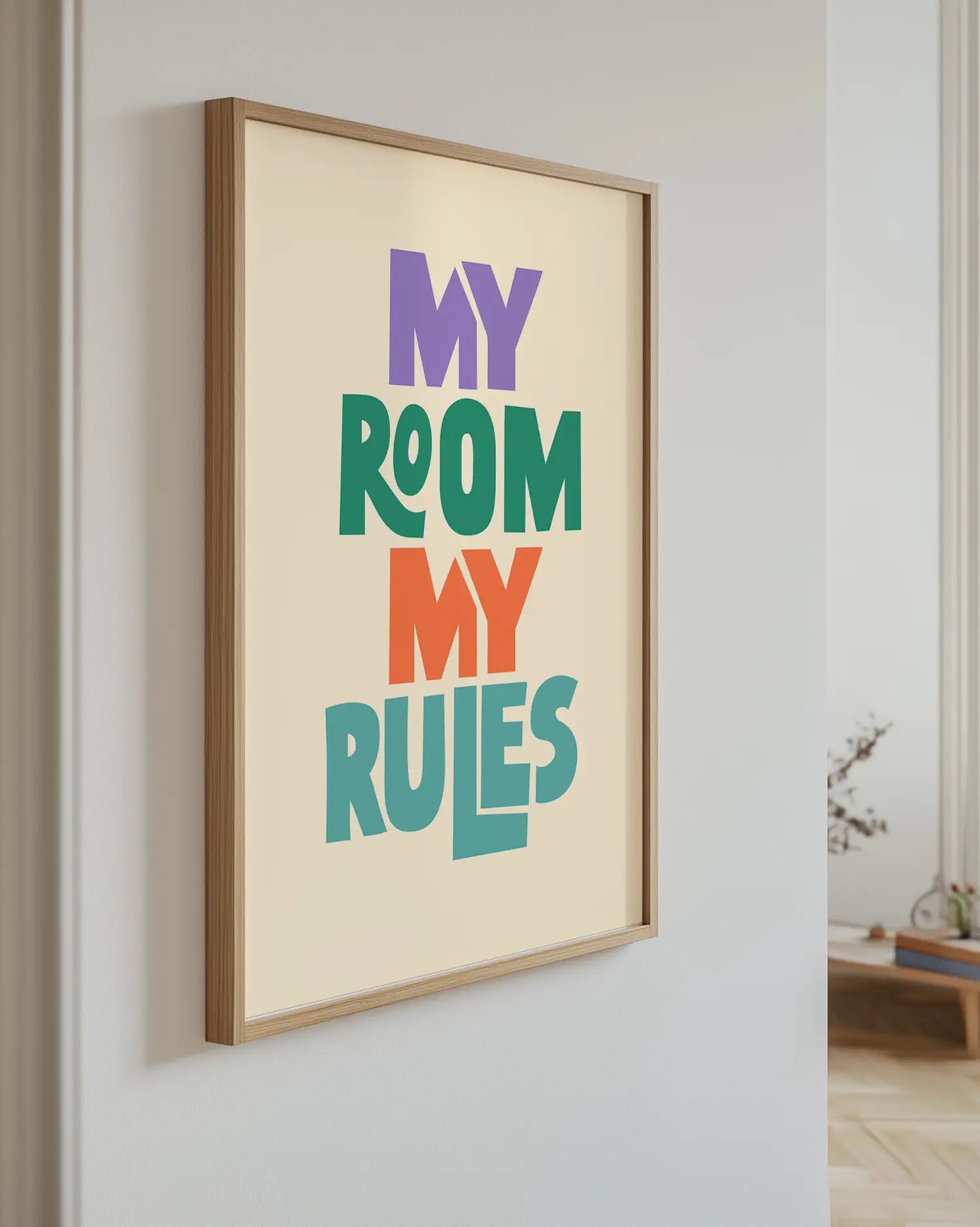 Poster with 'My Room My Rules' text in multicolor on a beige background