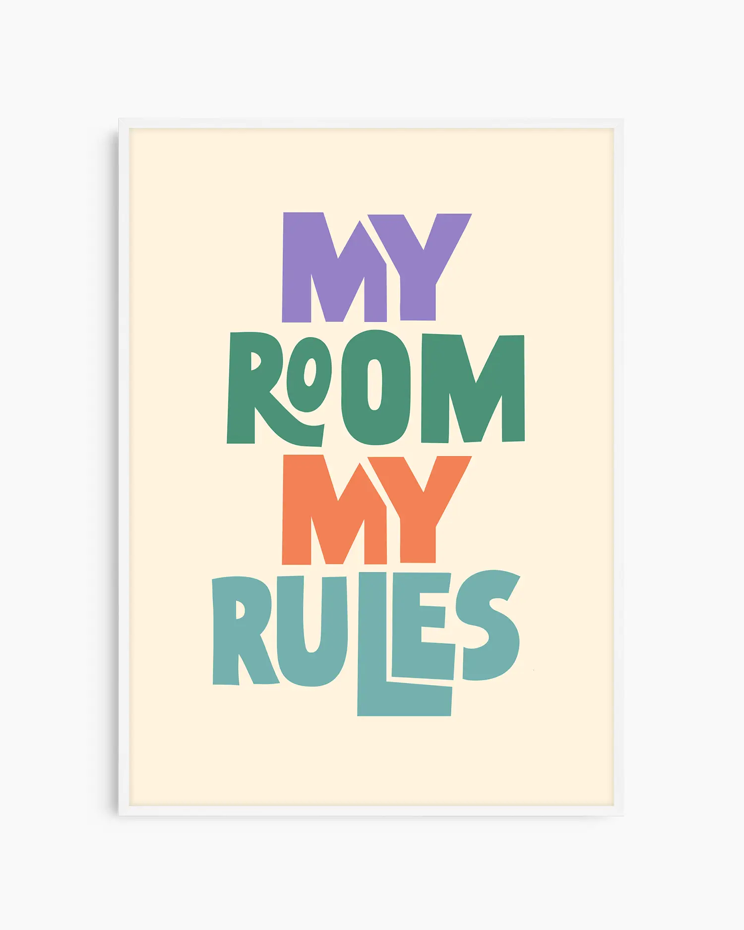 Beige children's poster with colorful text 'MY ROOM MY RULES' framed in a white frame.
