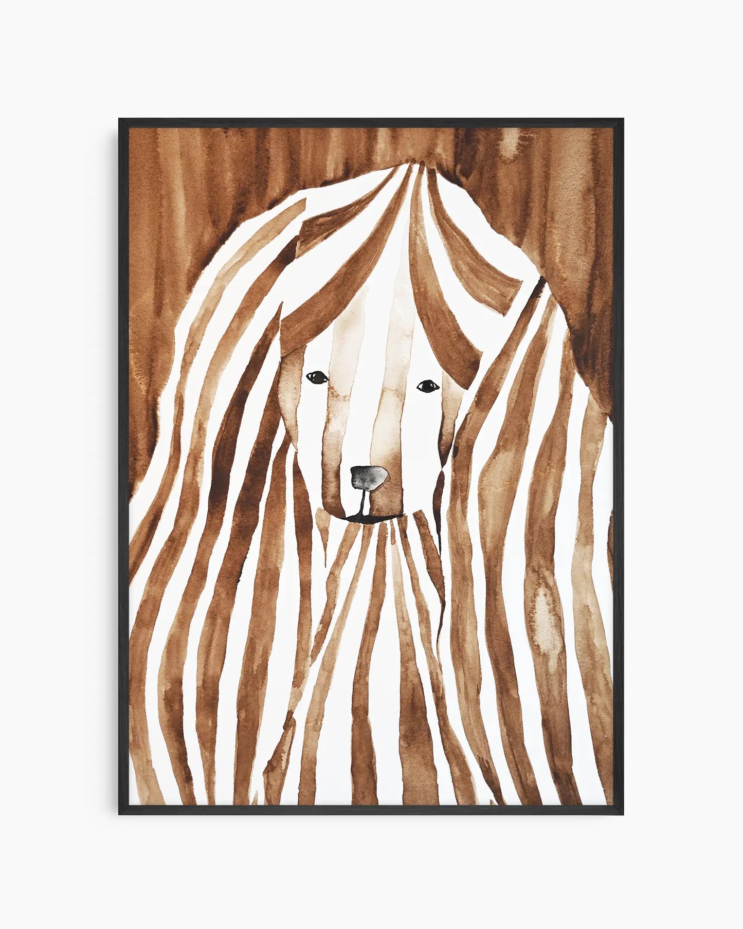 Watercolor painting of a cocker spaniel with brown and white stripes on a brown background framed in a black frame