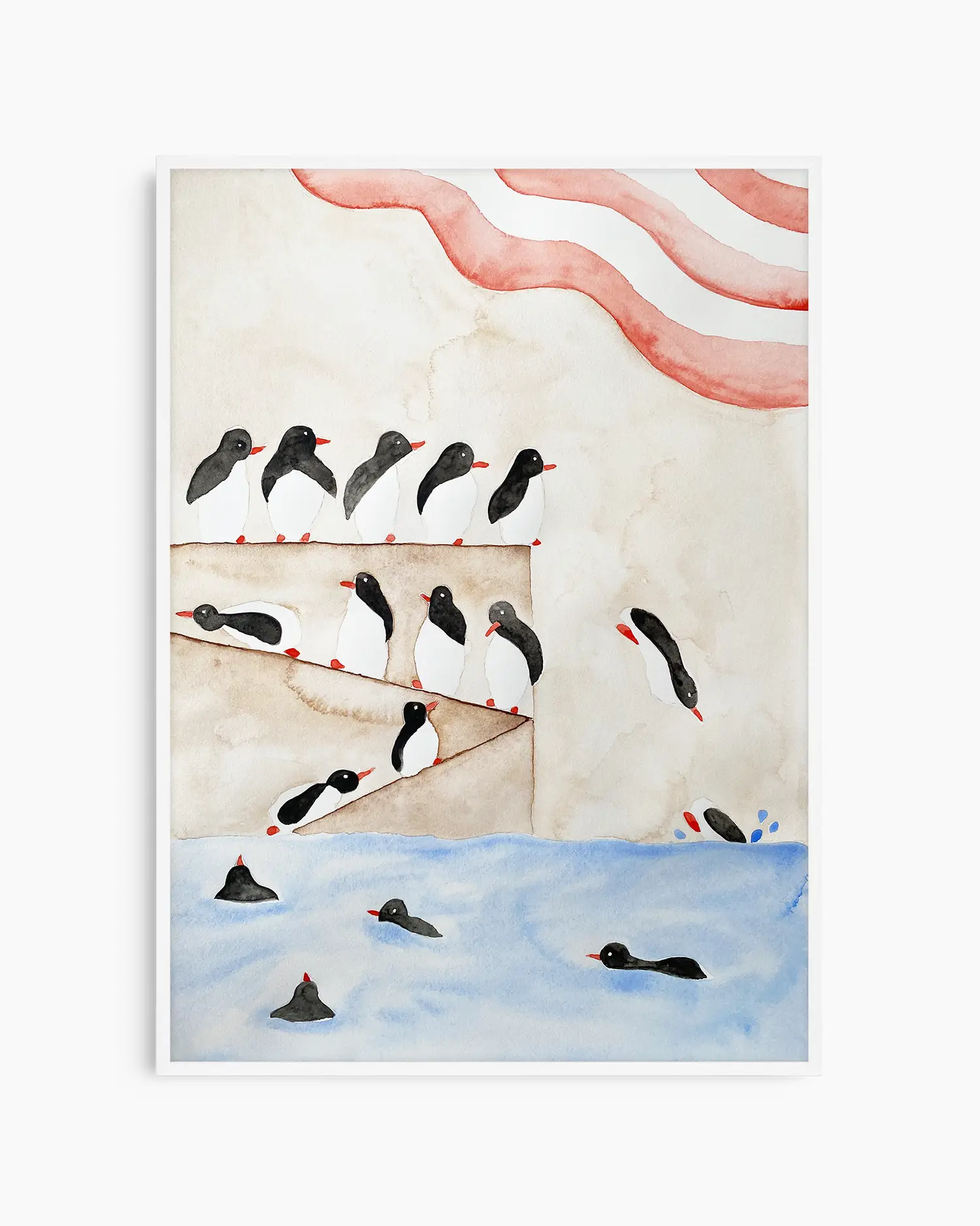 Illustration of penguins diving into the water inside of a white wooden frame.