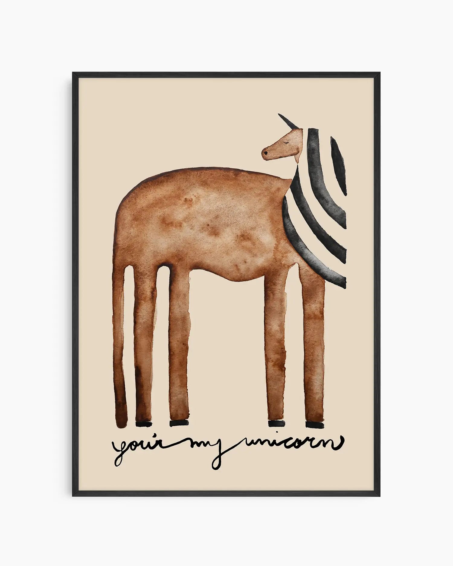 Illustration of a brown unicorn and striped mane on a beige background with text 'you're my unicorn' inside of a black frame.