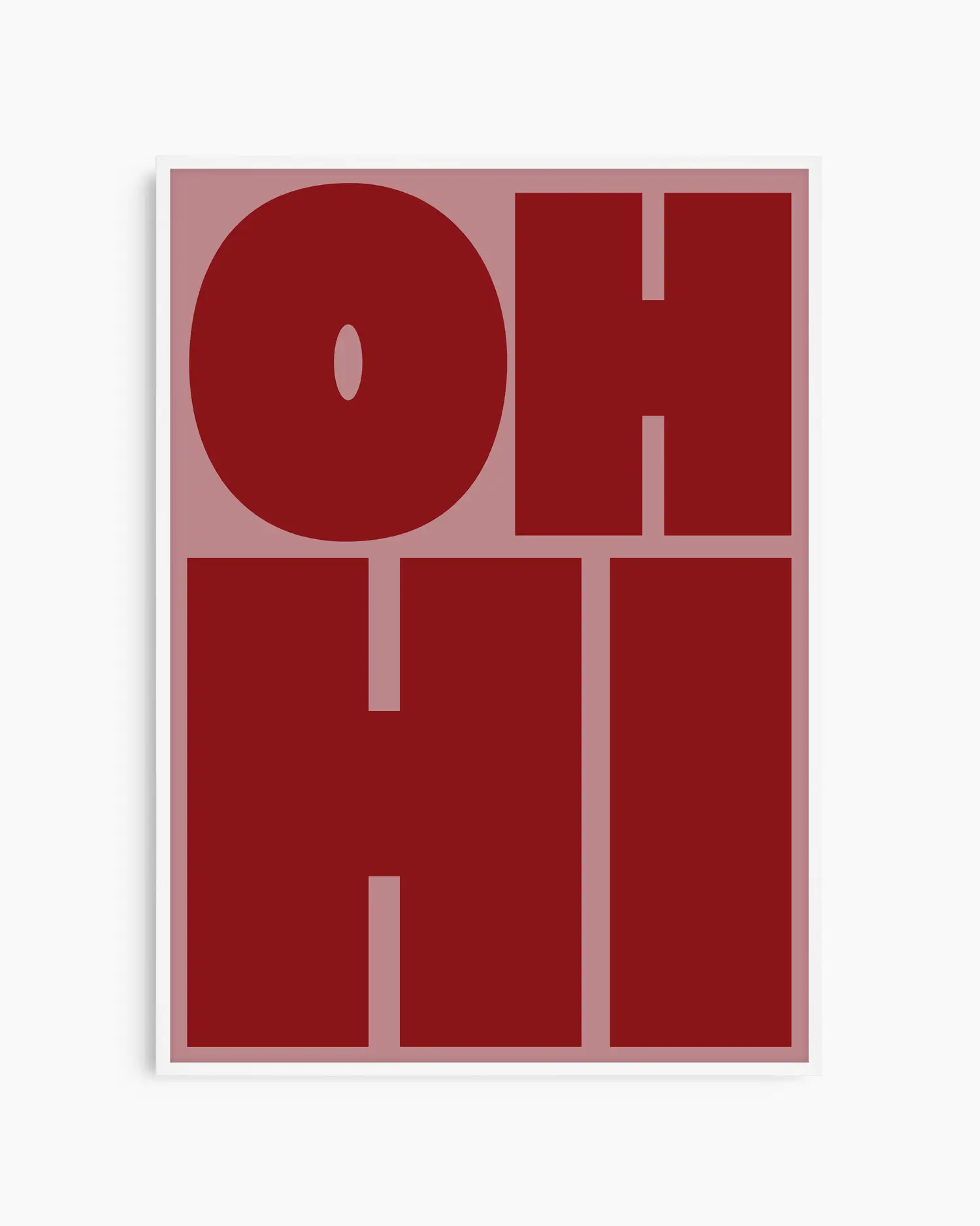 Nursery poster with red 'OH HI' text on a pink background. White frame.