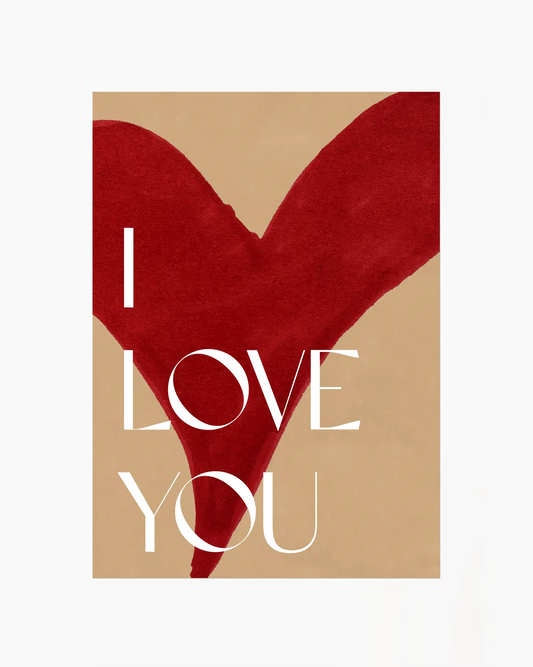 Nursery poster with red heart shape with 'I LOVE YOU' text on a beige background.