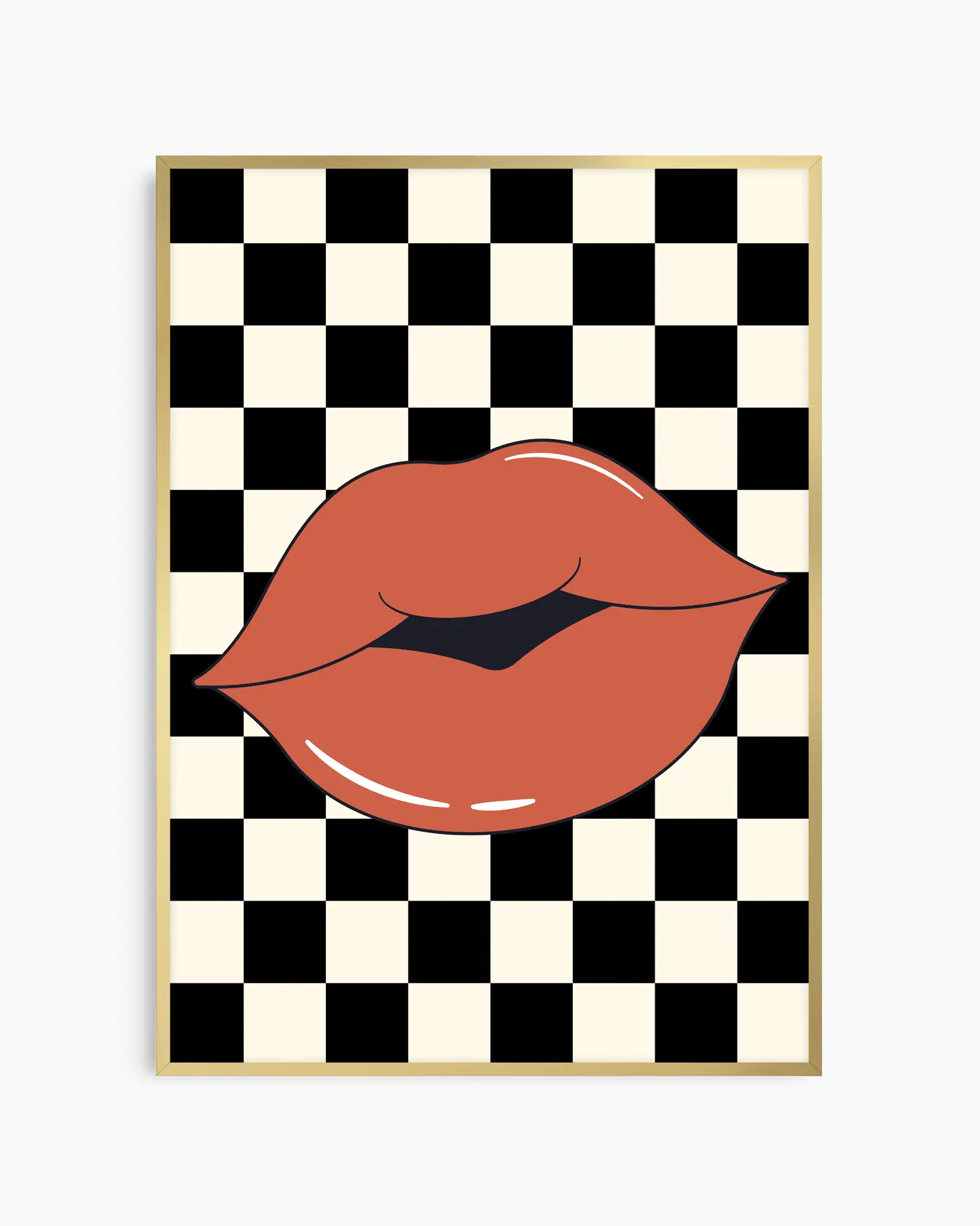 Poster with kissing red lips design on a black and white checkered background. Gold frame.