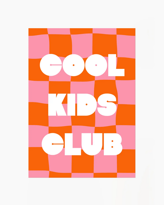 Nursery poster with 'Cool Kids Club' text on a pink and orange background.