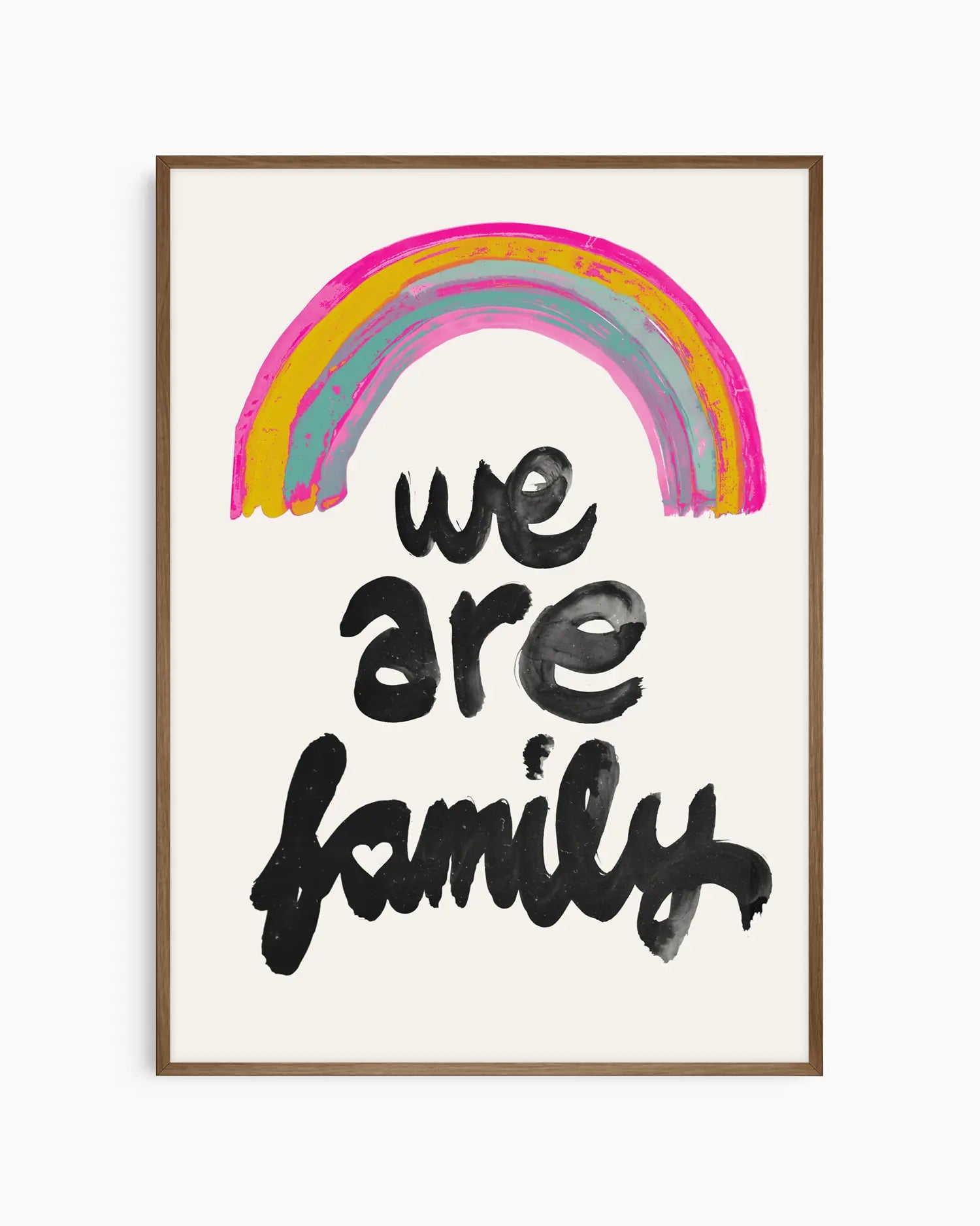 Framed artwork with a rainbow and 'we are family' text on a white background