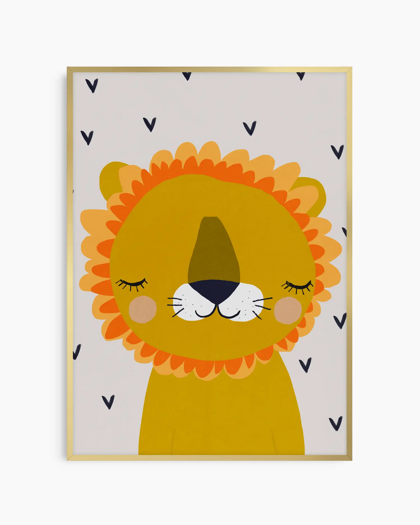 Framed artwork of a cartoon lion with a yellow body and orange mane on a white background with black heart patterns.