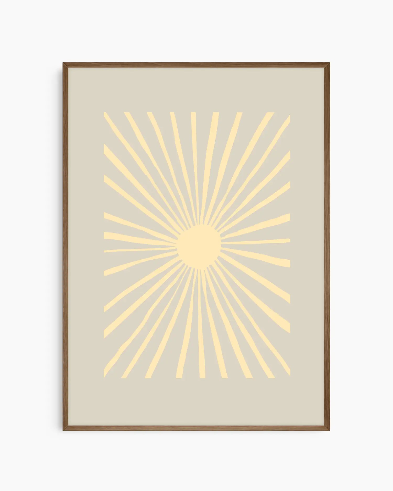 Framed artwork with a yellow sunburst design on a beige background