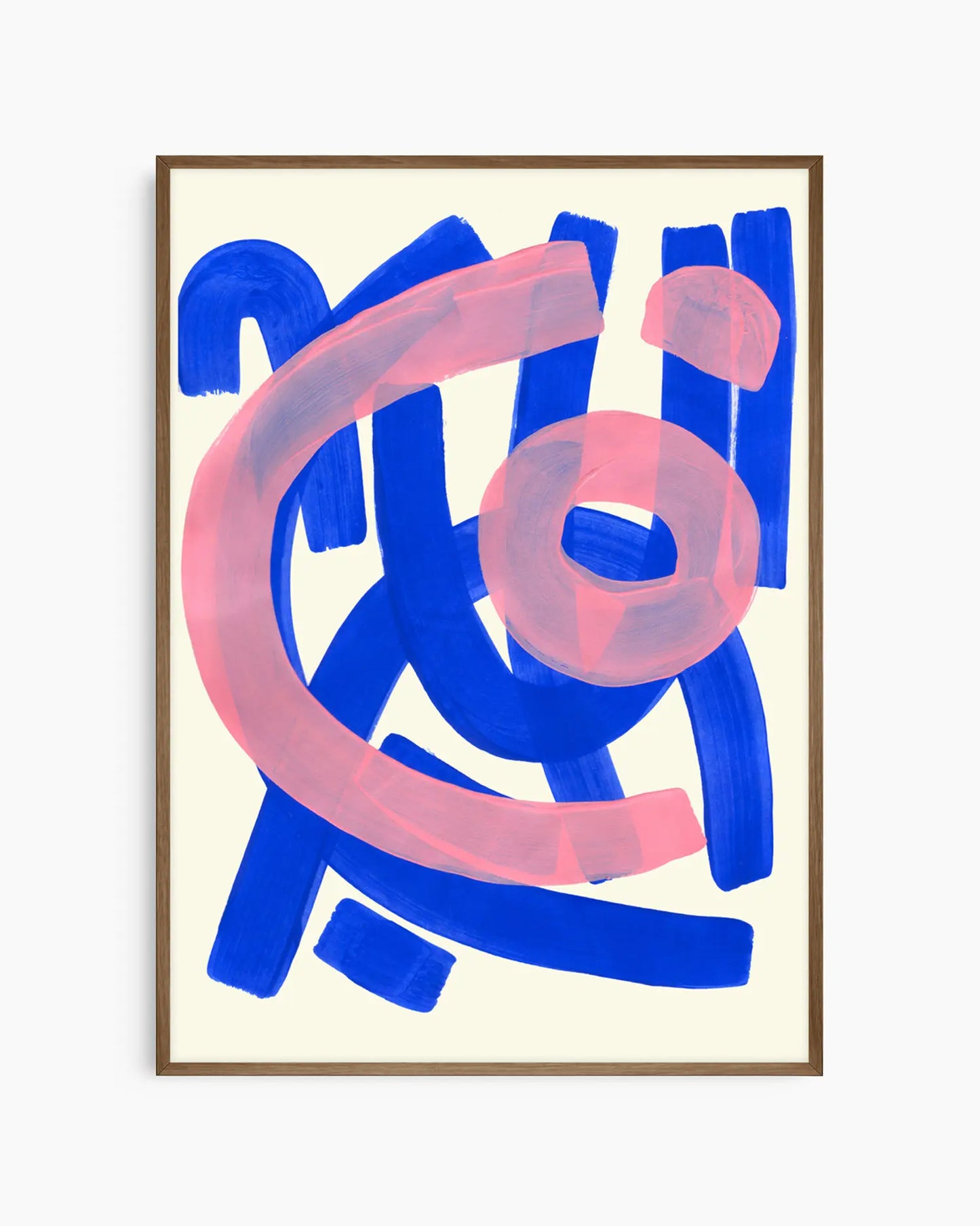 Abstract art print with blue and pink brush strokes on a beige background, in a dark oak frame