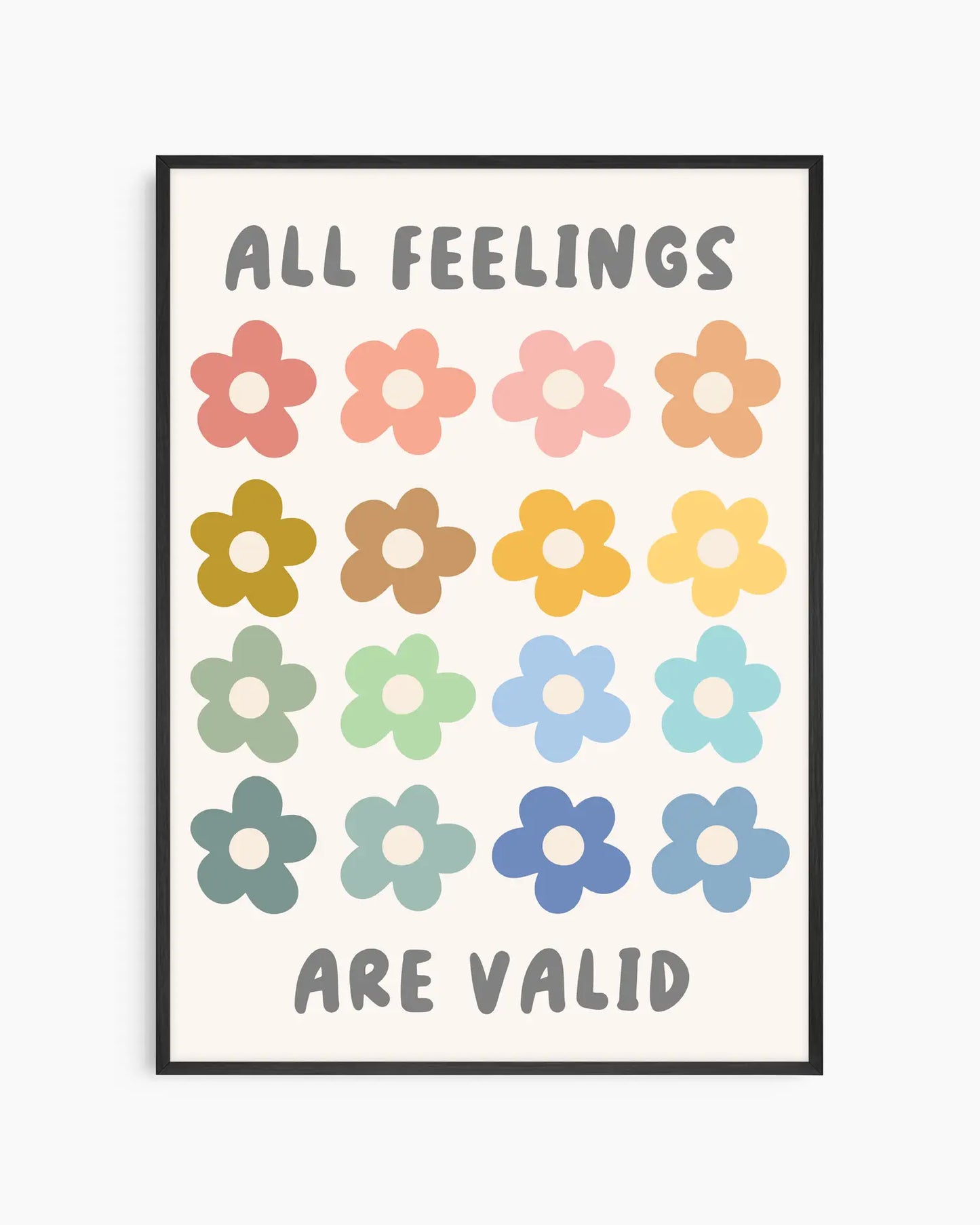 Poster with colorful flowers and text 'All Feelings Are Valid' on a white background