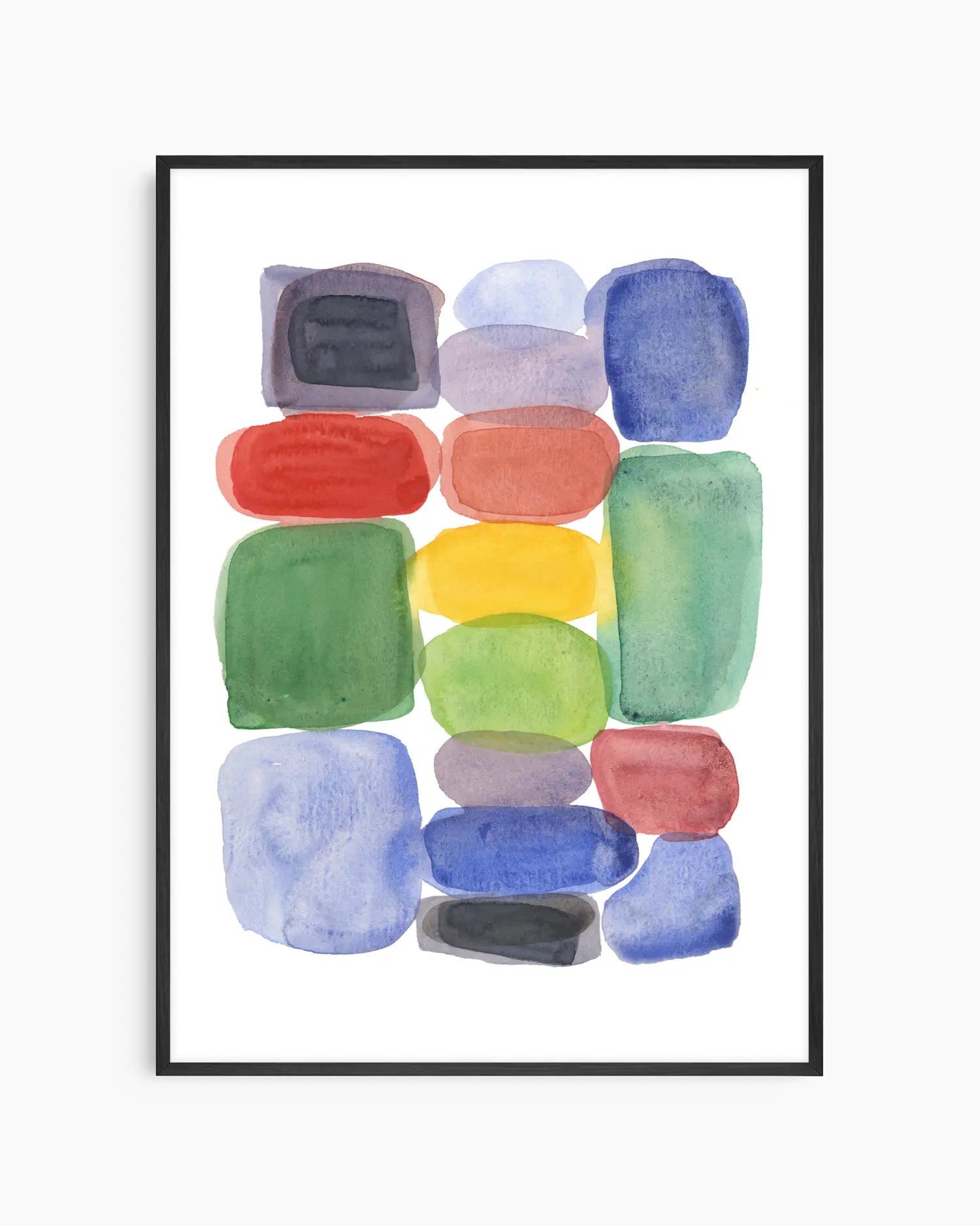 Framed abstract art print with colorful rectangular shapes on a white background