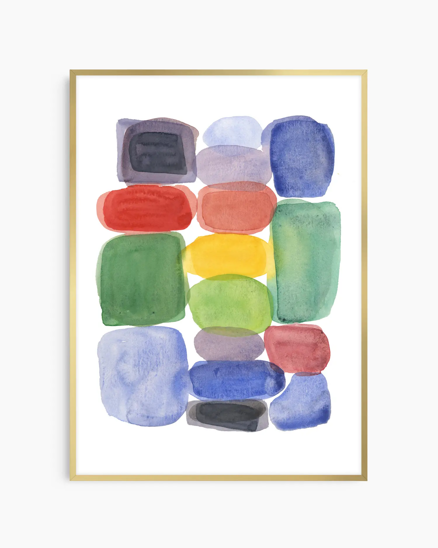 Colorful abstract art print with a gold frame on a white background