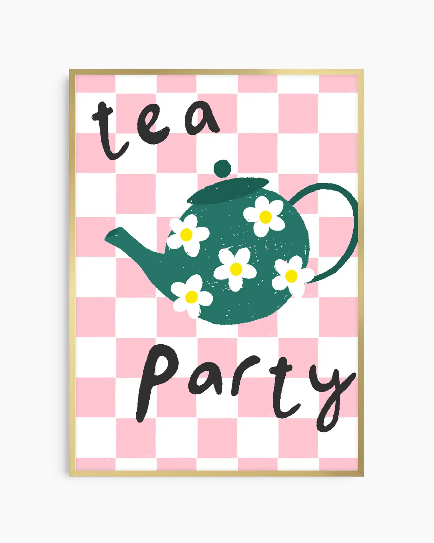 Poster with a green teapot and flowers on a pink and white checkered background with 'tea party' text.