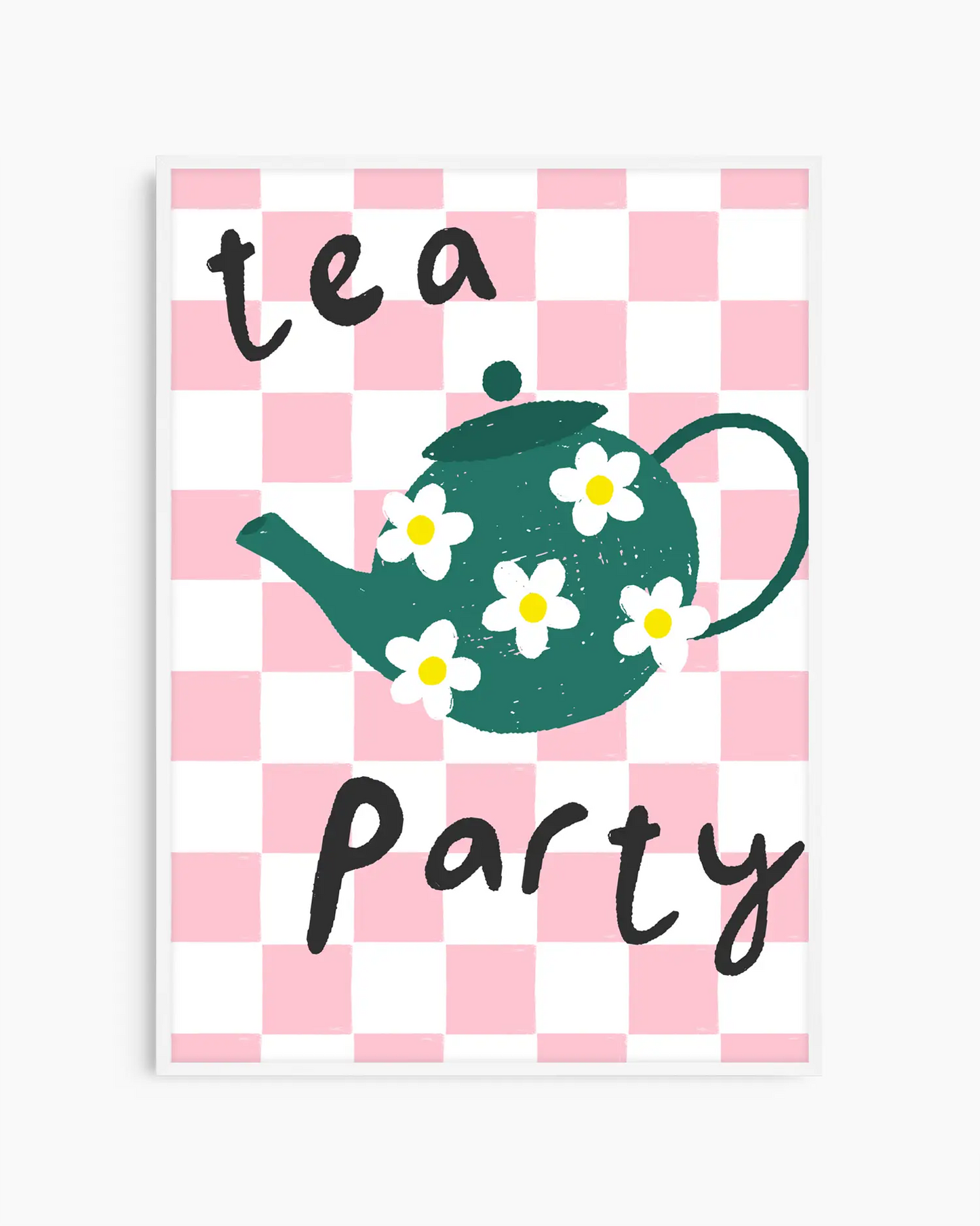 Card with a green teapot and flowers on a pink and white checkered background with 'tea party' text.