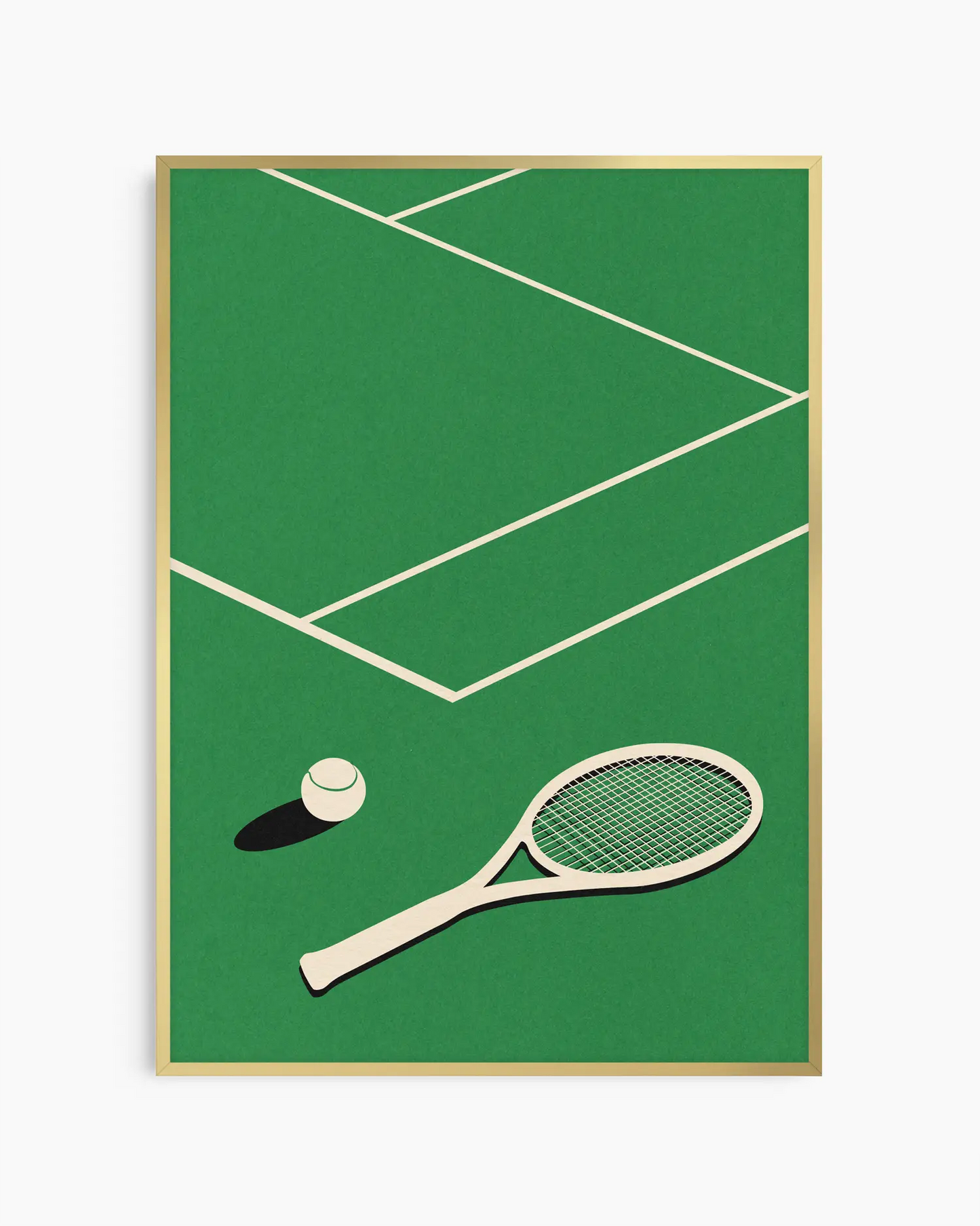 Framed artwork of a tennis racket and ball on a green background with white lines.