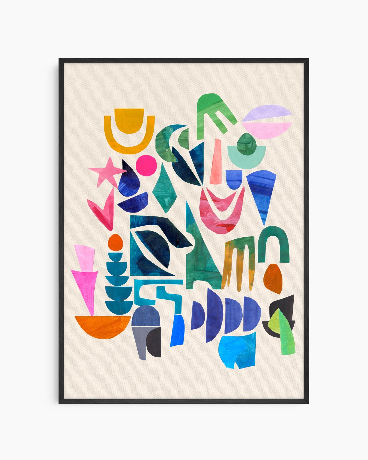 Framed abstract art print with colorful geometric shapes on a beige background