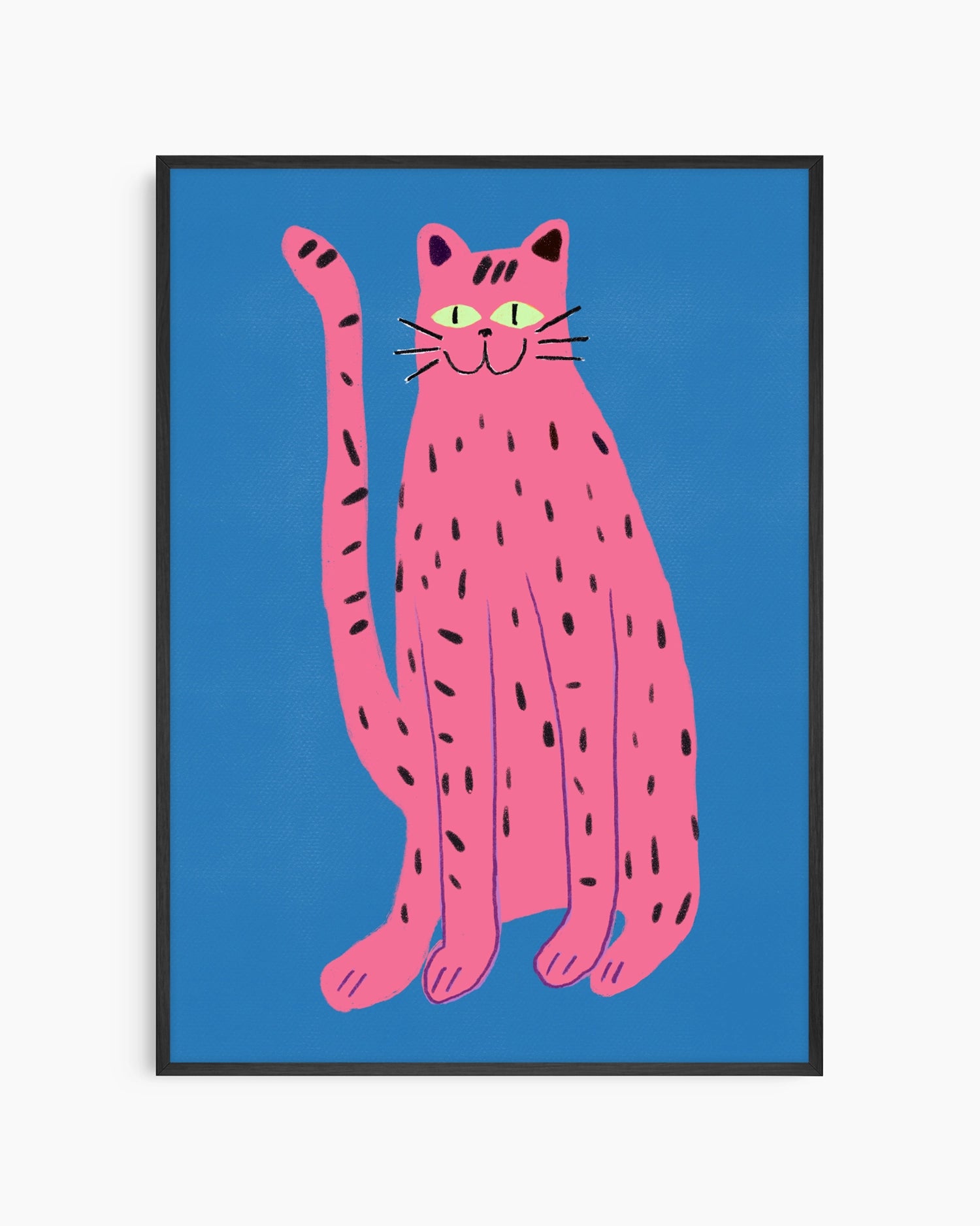 Framed artwork of a pink cat with black spots on a blue background