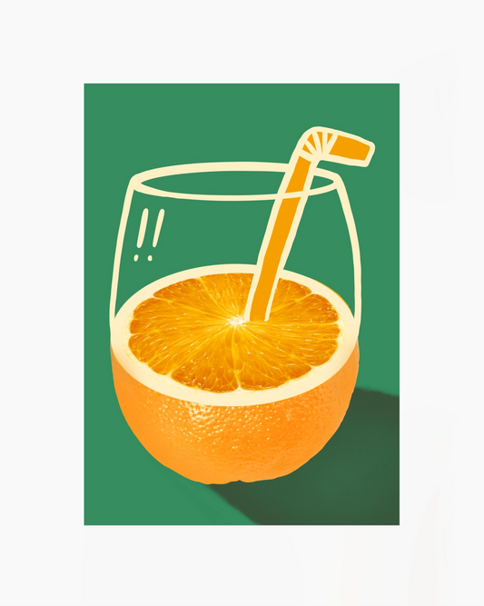 Illustration of an orange with a glass of juice and straw on a green background