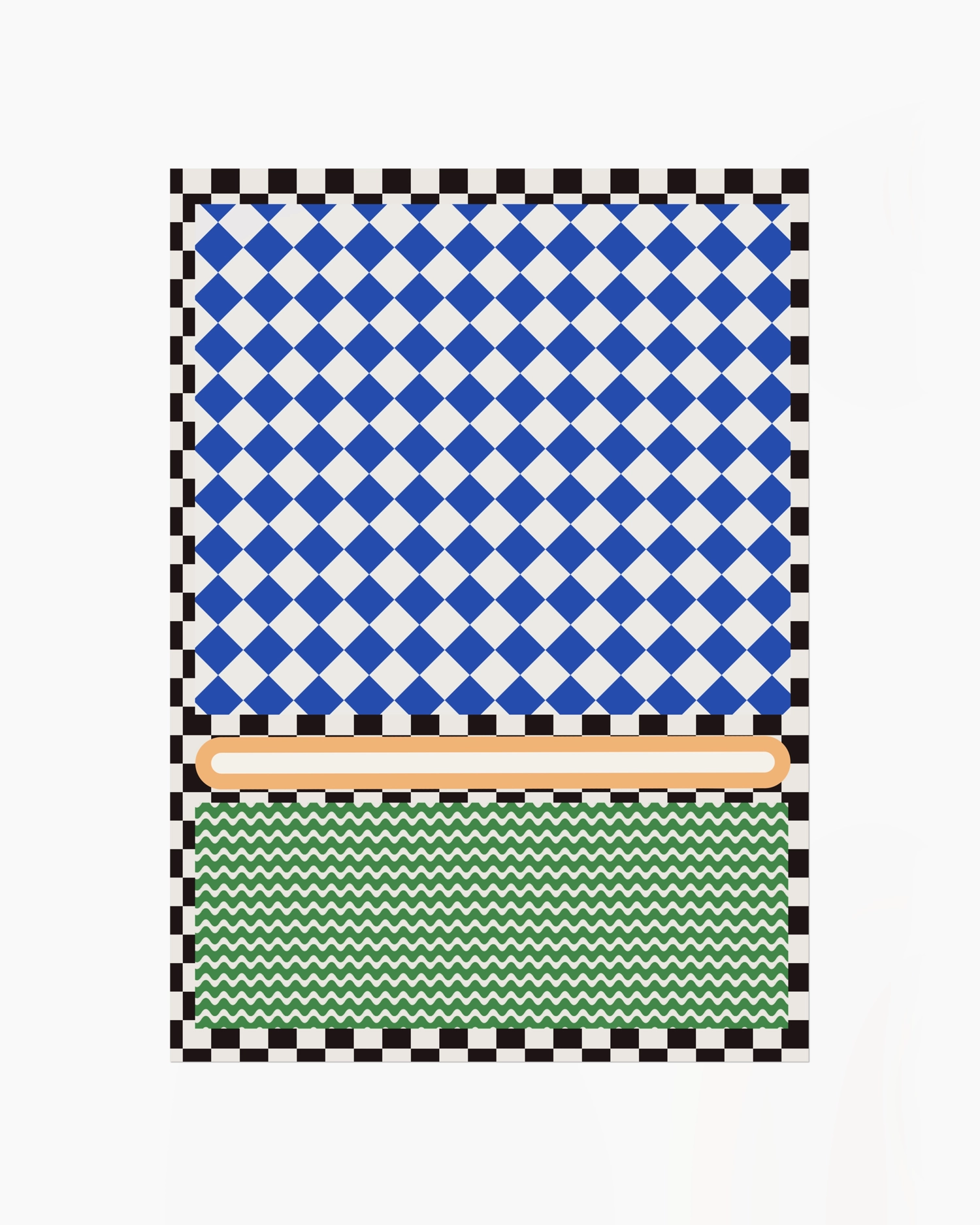Checkered pattern with blue, white, and green sections on a white background