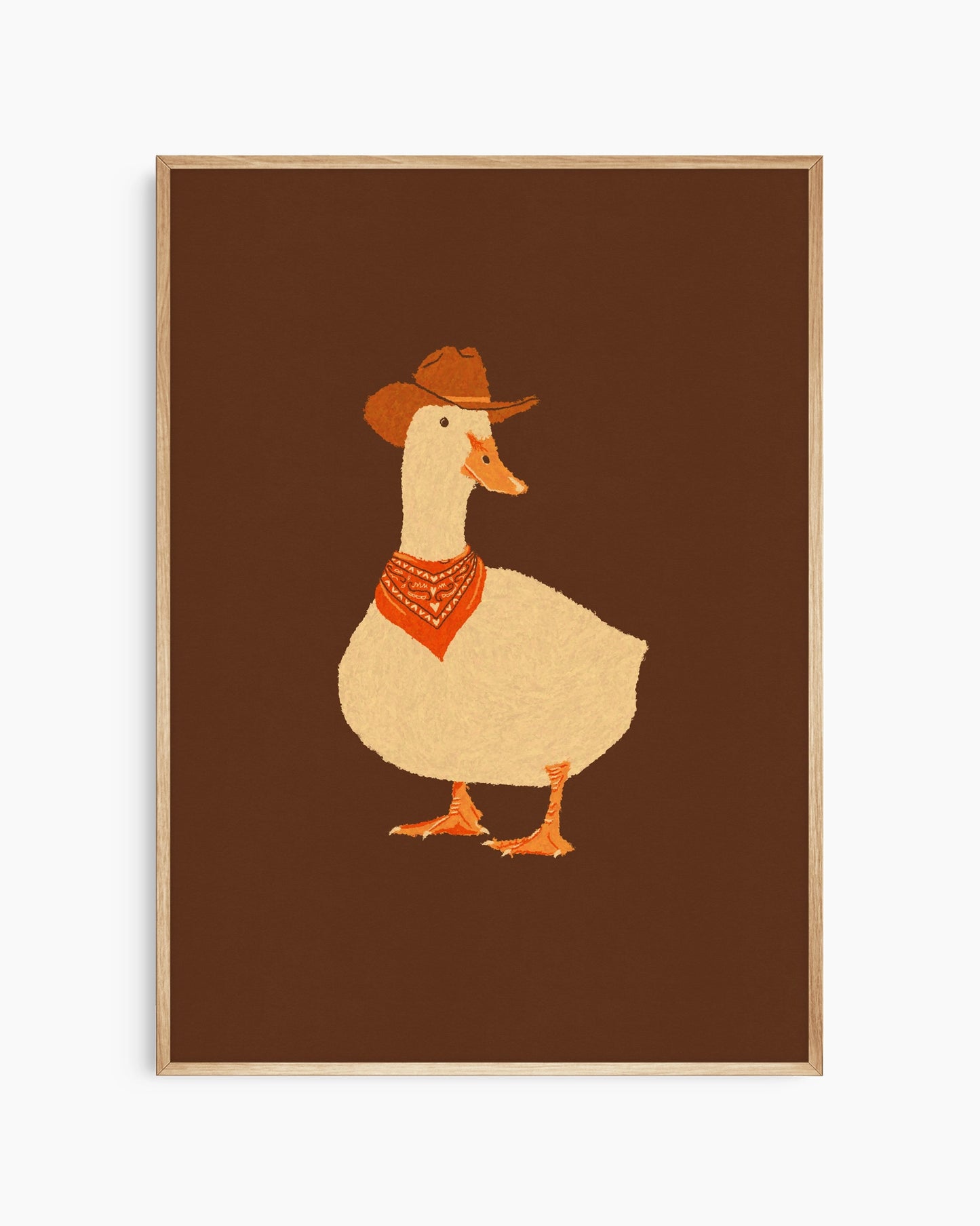 Illustration of a duck wearing a cowboy hat and bandana on a brown background