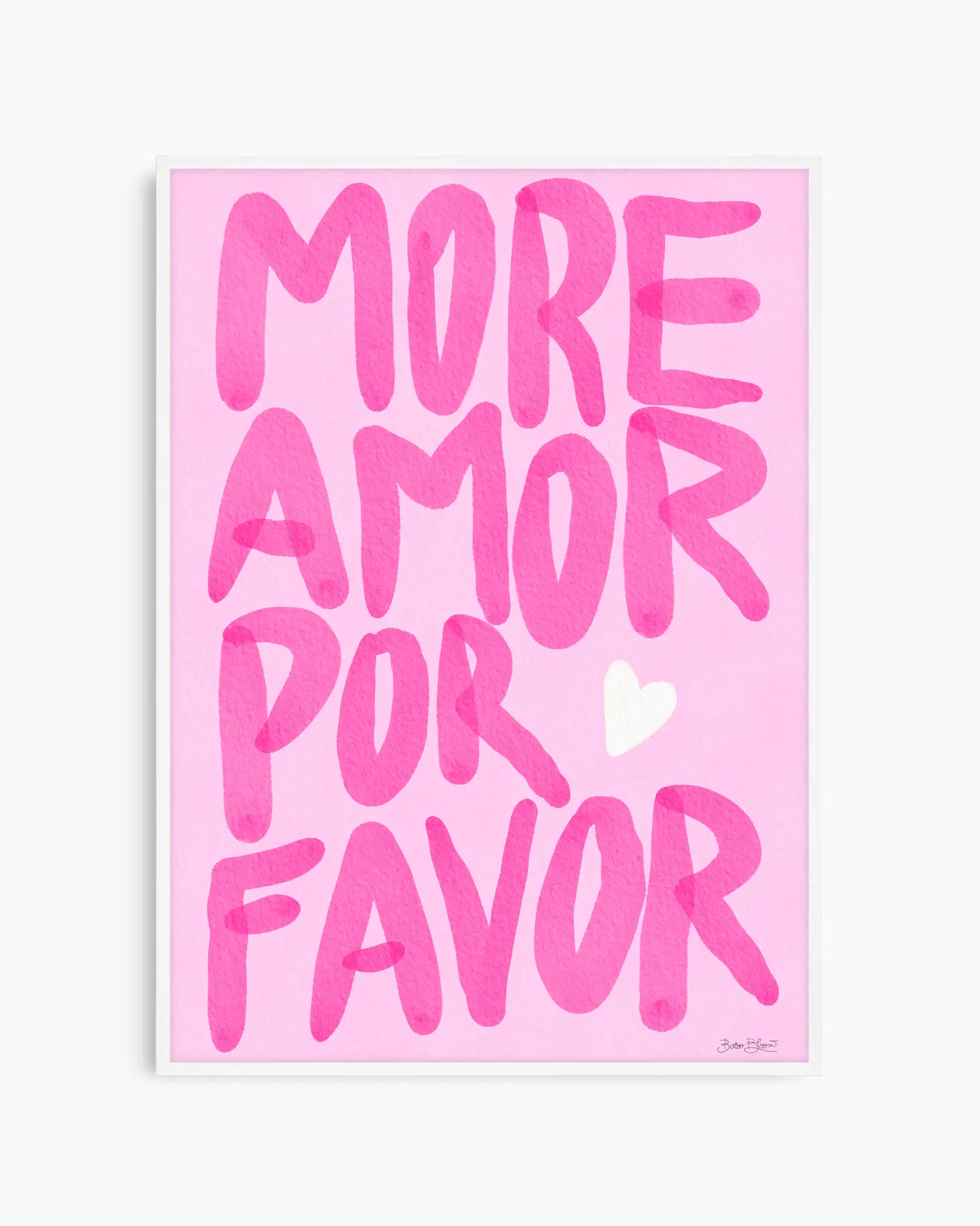 Nursery poster with pink text 'MORE AMOR POR FAVOR' on a pink background. White frame.
