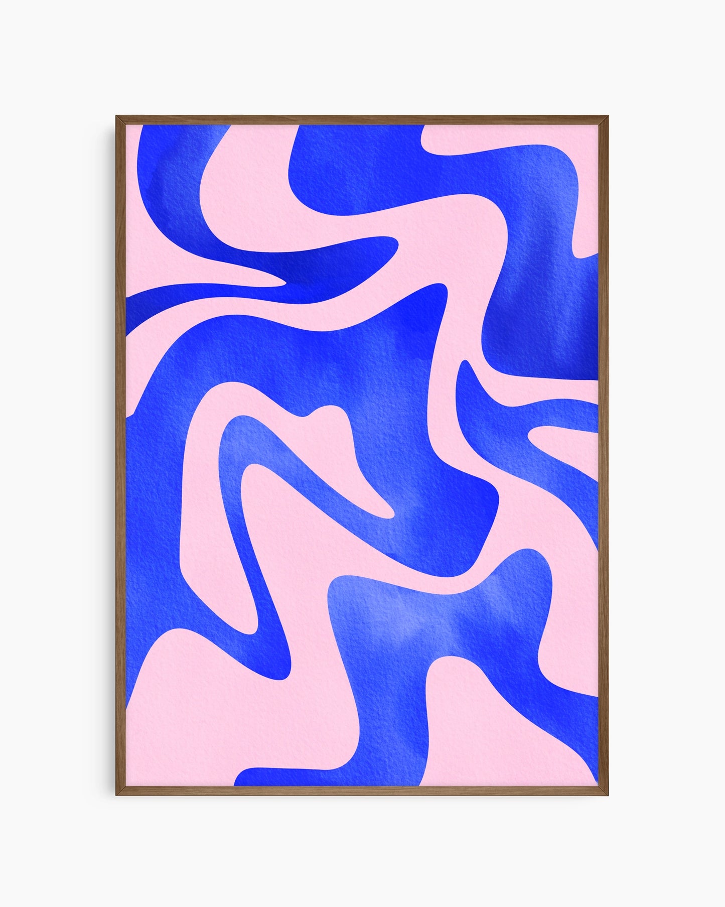 Framed abstract artwork with blue and pink patterns on a white background