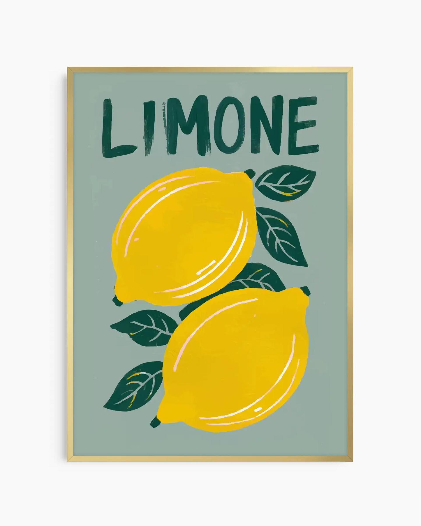 Nursery artwork with two lemons and the word 'LIMONE' on a light green background, mounted inside of a golden frame.