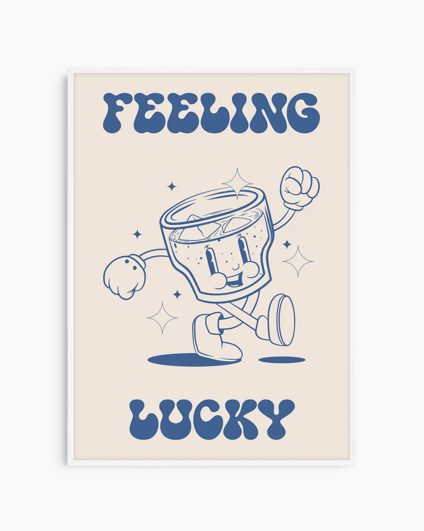 Illustration of a glass character with text 'Feeling Lucky' on a beige background