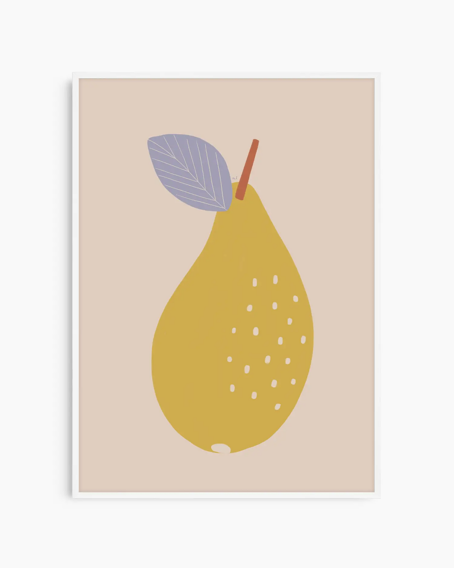 Poster of a yellow pear with a purple leaf on a beige background