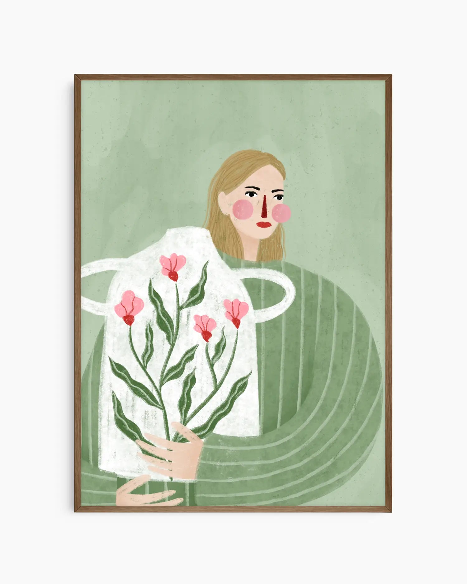 Framed artwork of a woman holding flowers against a green background