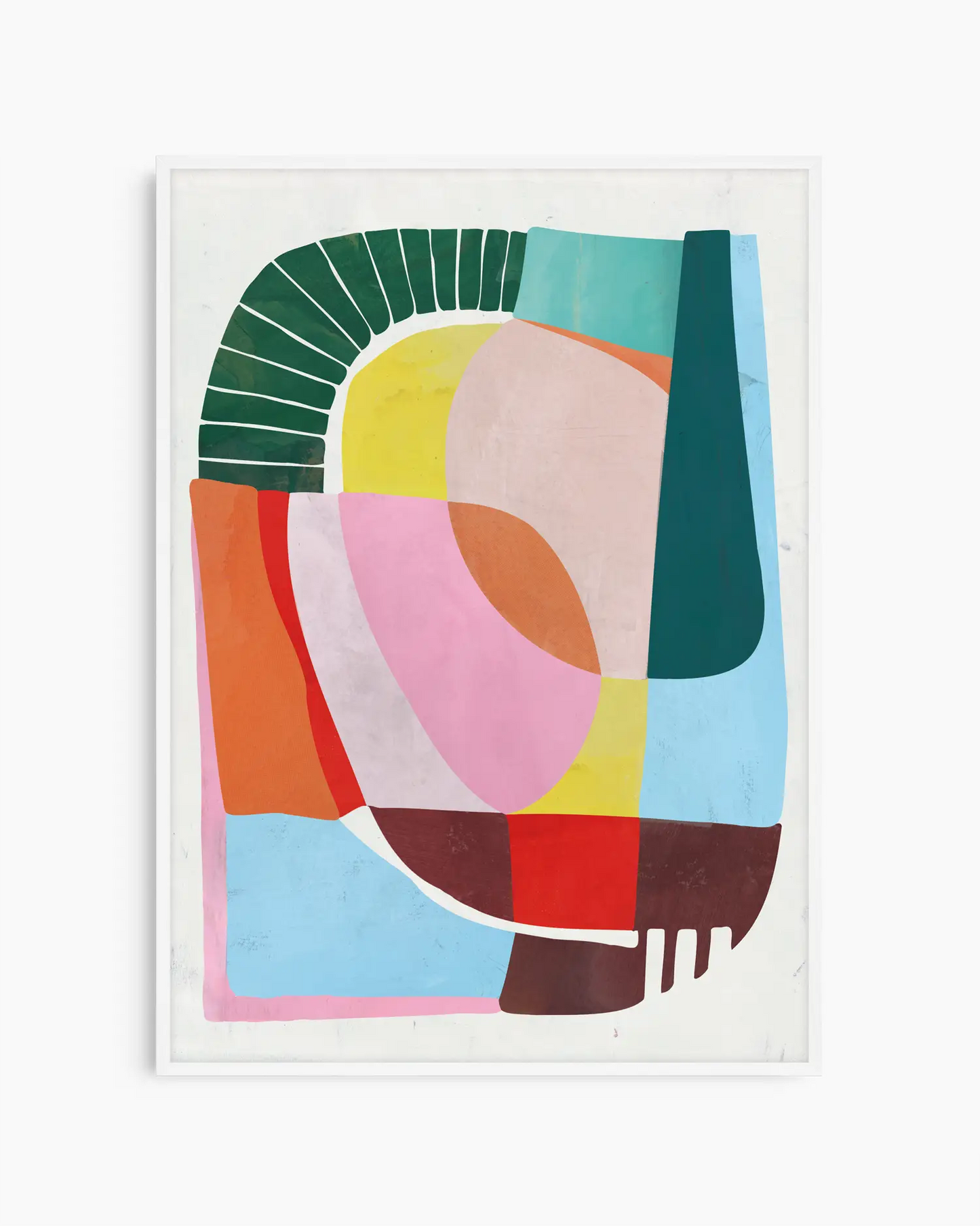 Colorful abstract art print with geometric shapes on a white background