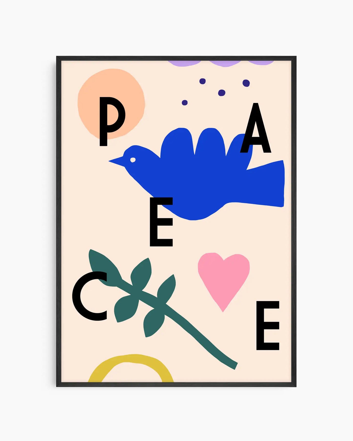 Framed artwork with abstract design featuring a blue bird, green leaves, pink heart, and colorful letters on a beige background.