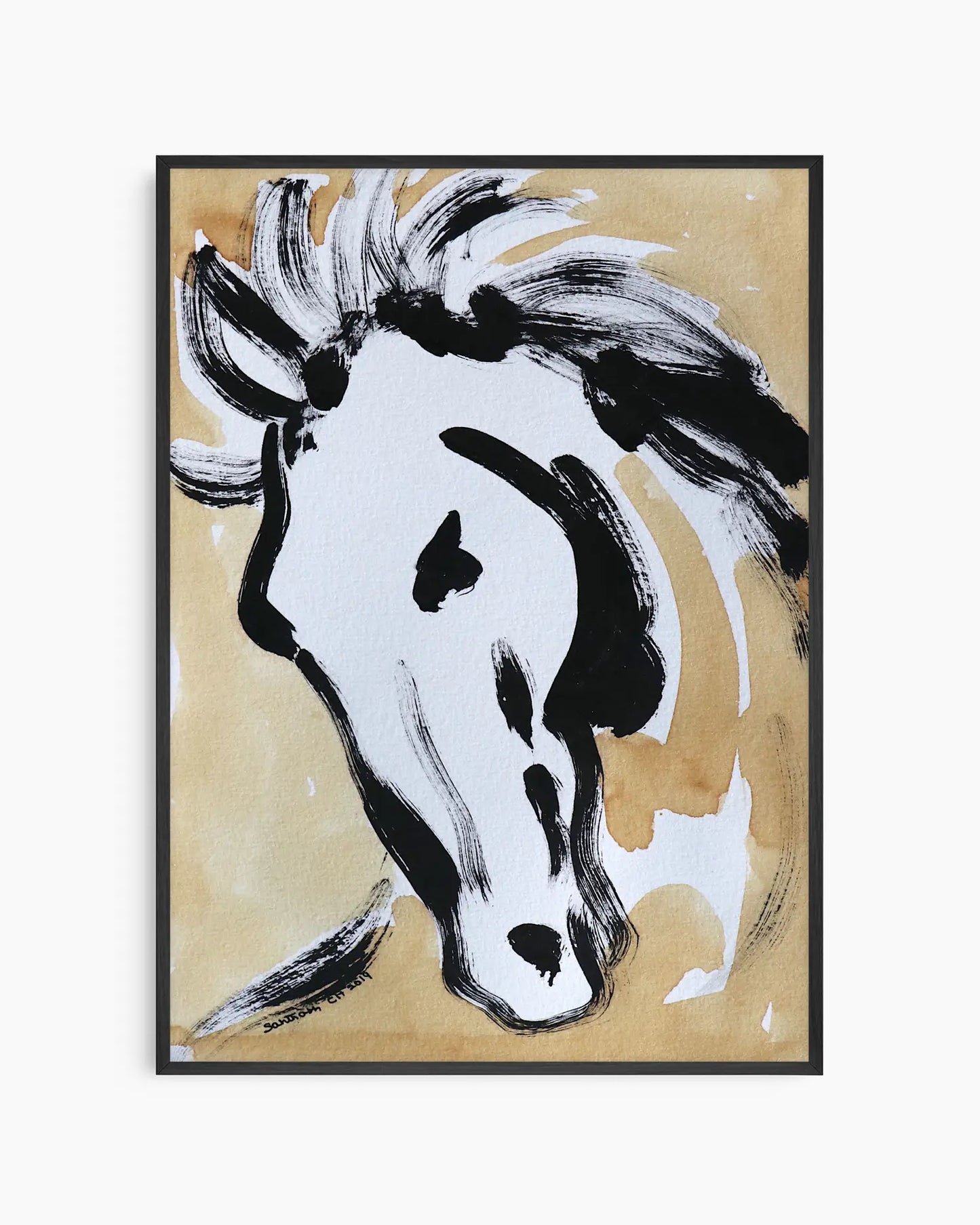 Framed artwork of a stylized horse head on a beige background
