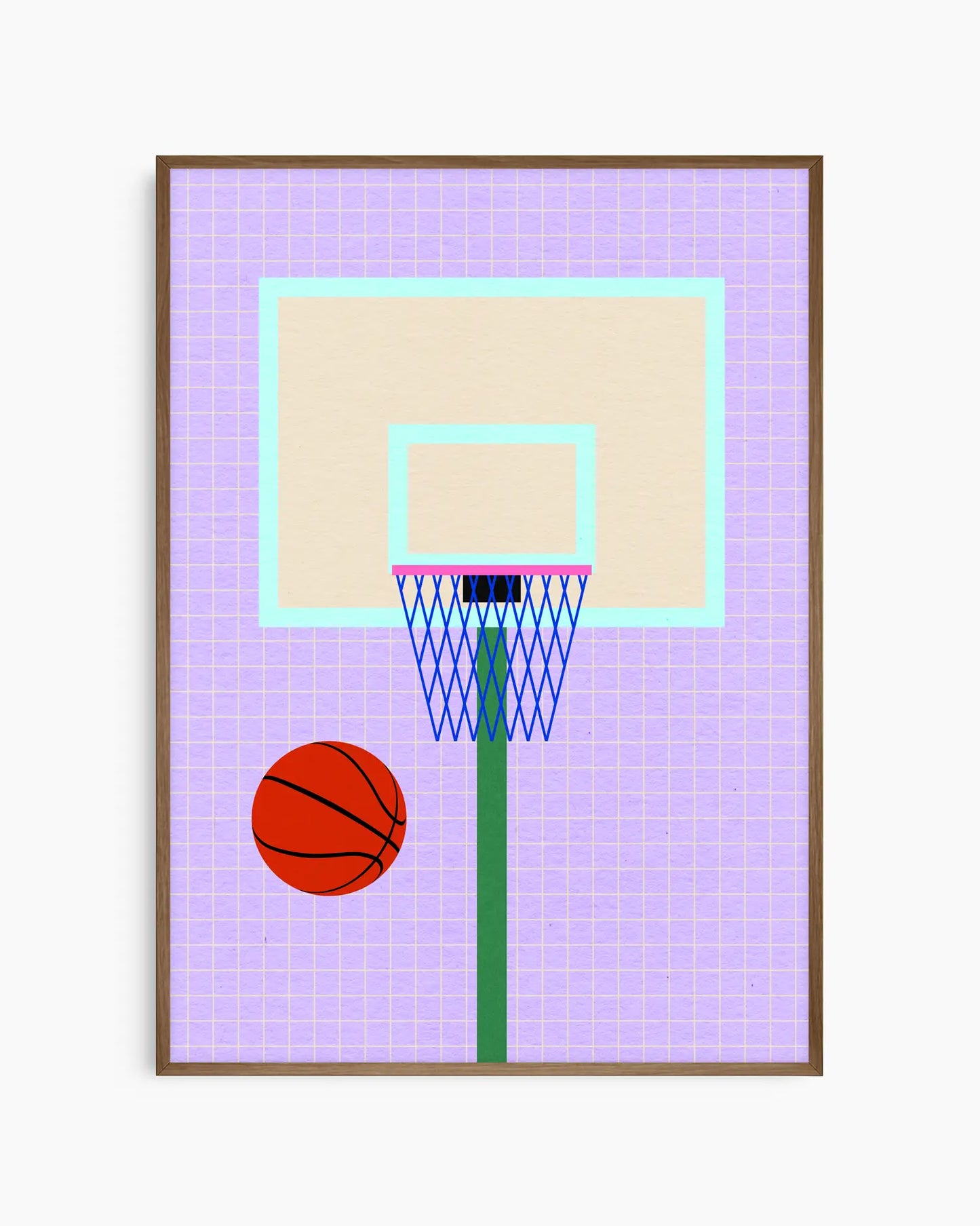 Illustration of a basketball hoop and ball on a purple court with a grid pattern.