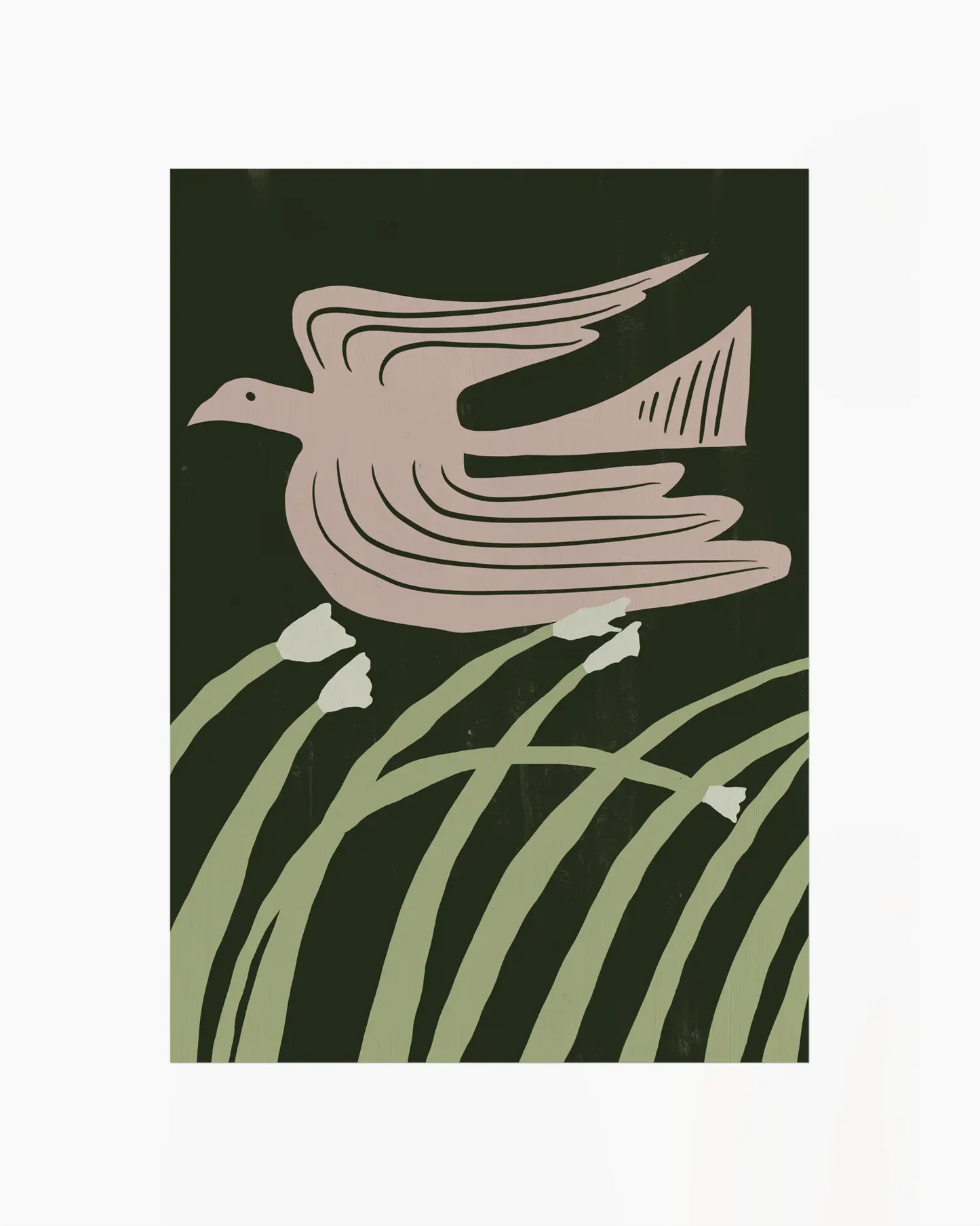 Decorative card with a stylized dove and grass design on a dark green background