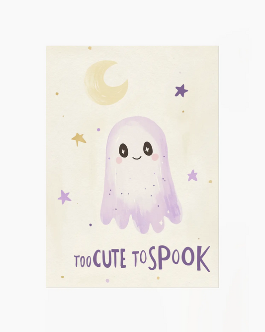 Cartoon ghost with 'Too Cute to Spook' text on a light background