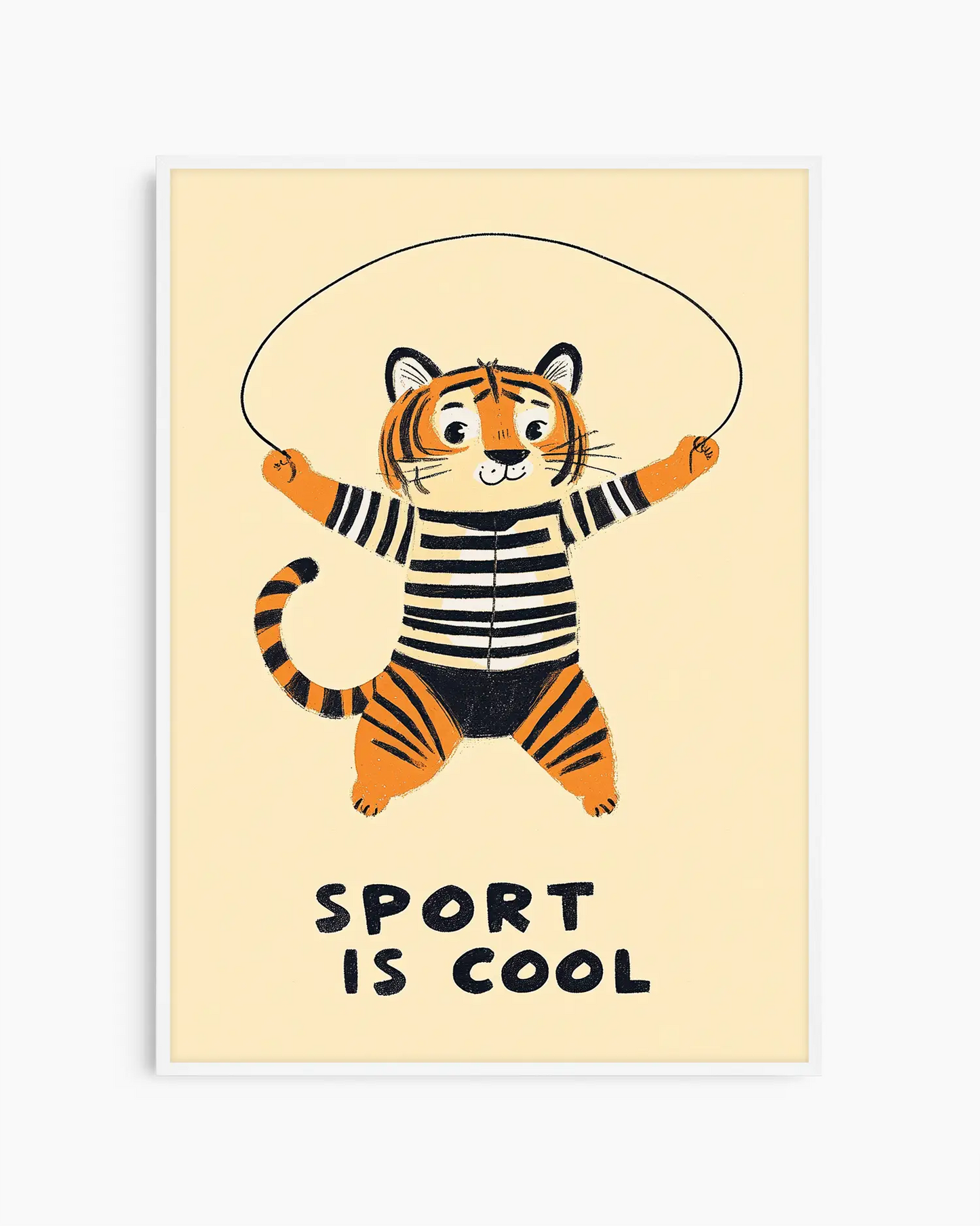 Illustration of a tiger in a striped outfit with a skipping rope on a beige background with 'Sport is Cool' text.