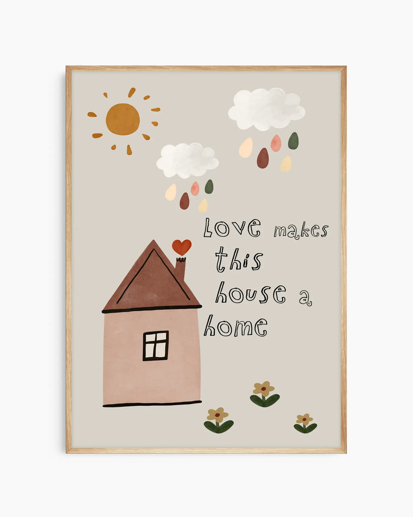 Framed artwork with a house, sun, clouds, and text on a white background