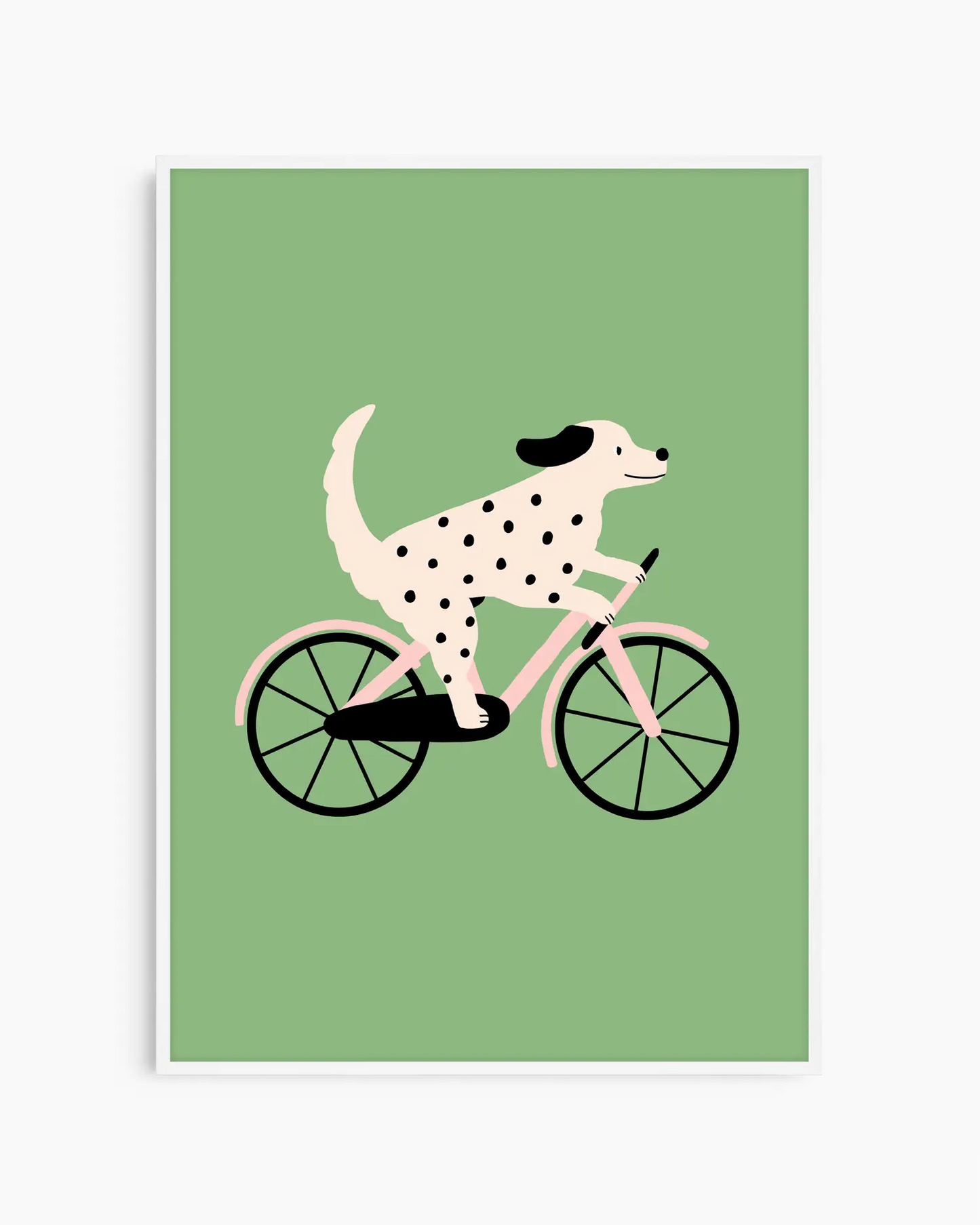 Illustration of a Dalmatian dog riding a bicycle on a green background