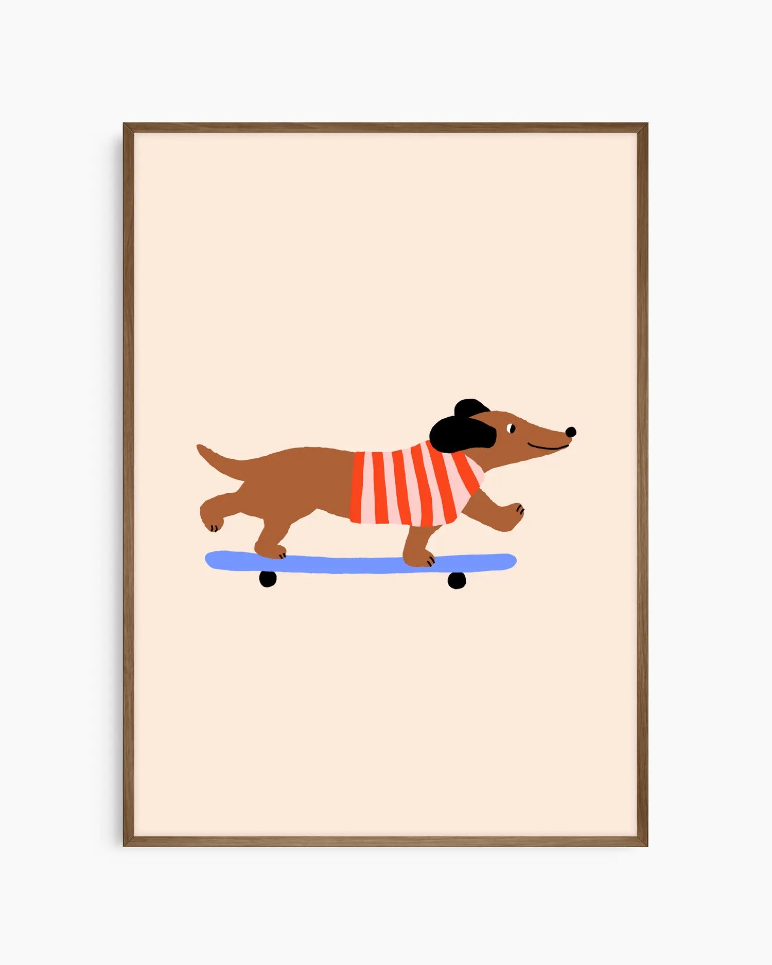 Framed artwork of a dachshund on a skateboard with a red sweater on a beige background