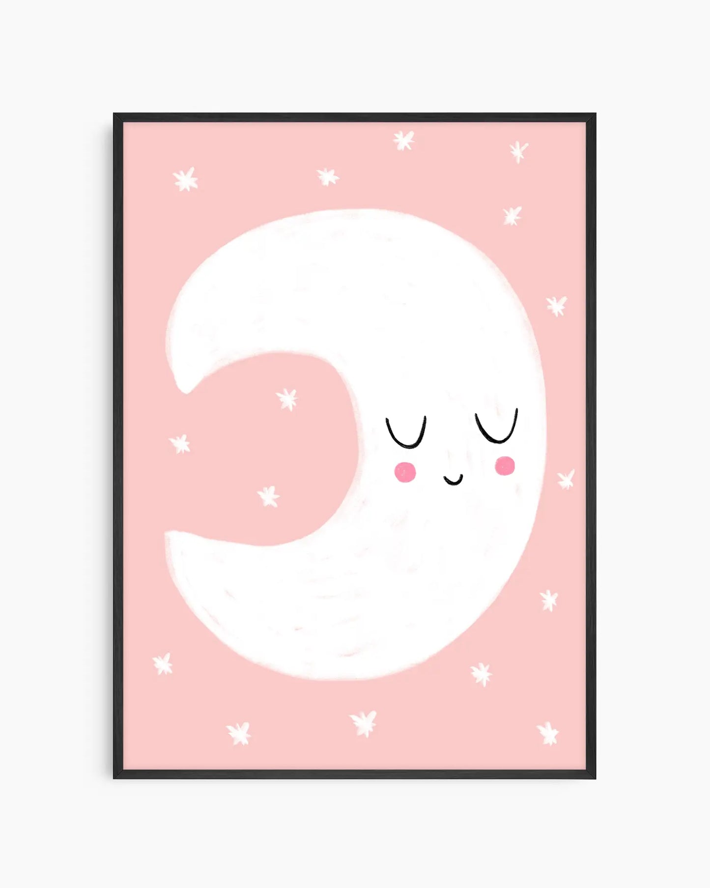Framed artwork of a smiling moon on a pink background with white stars.