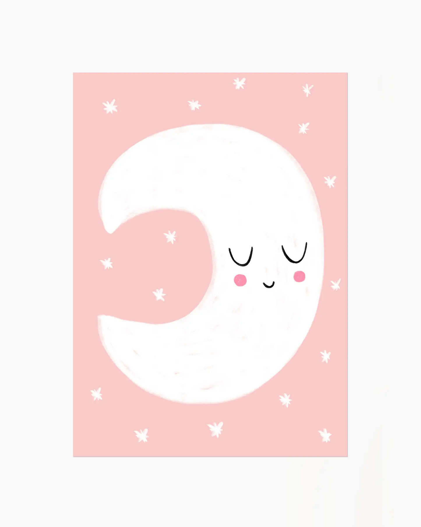 Illustration of a smiling moon on a pink background with white stars