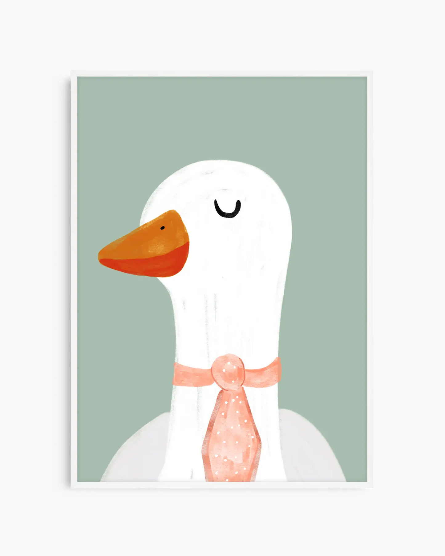 Illustration of a goose wearing a pink bow tie on a light green background