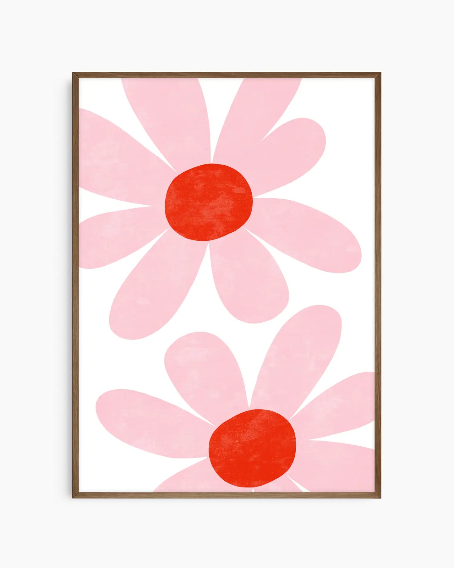 Framed artwork with pink flowers and red centers on a white background