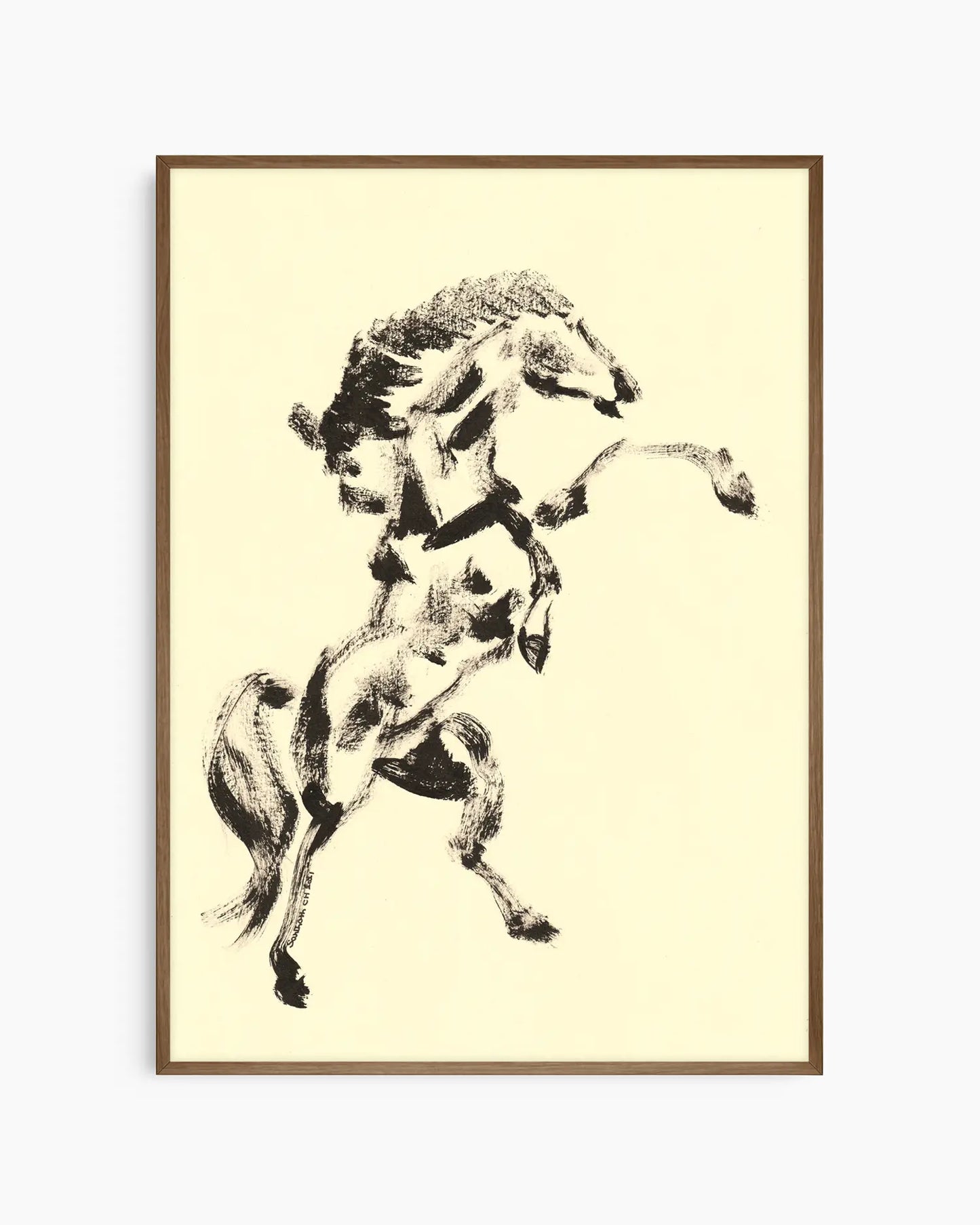 Framed artwork of a horse rearing on a beige background