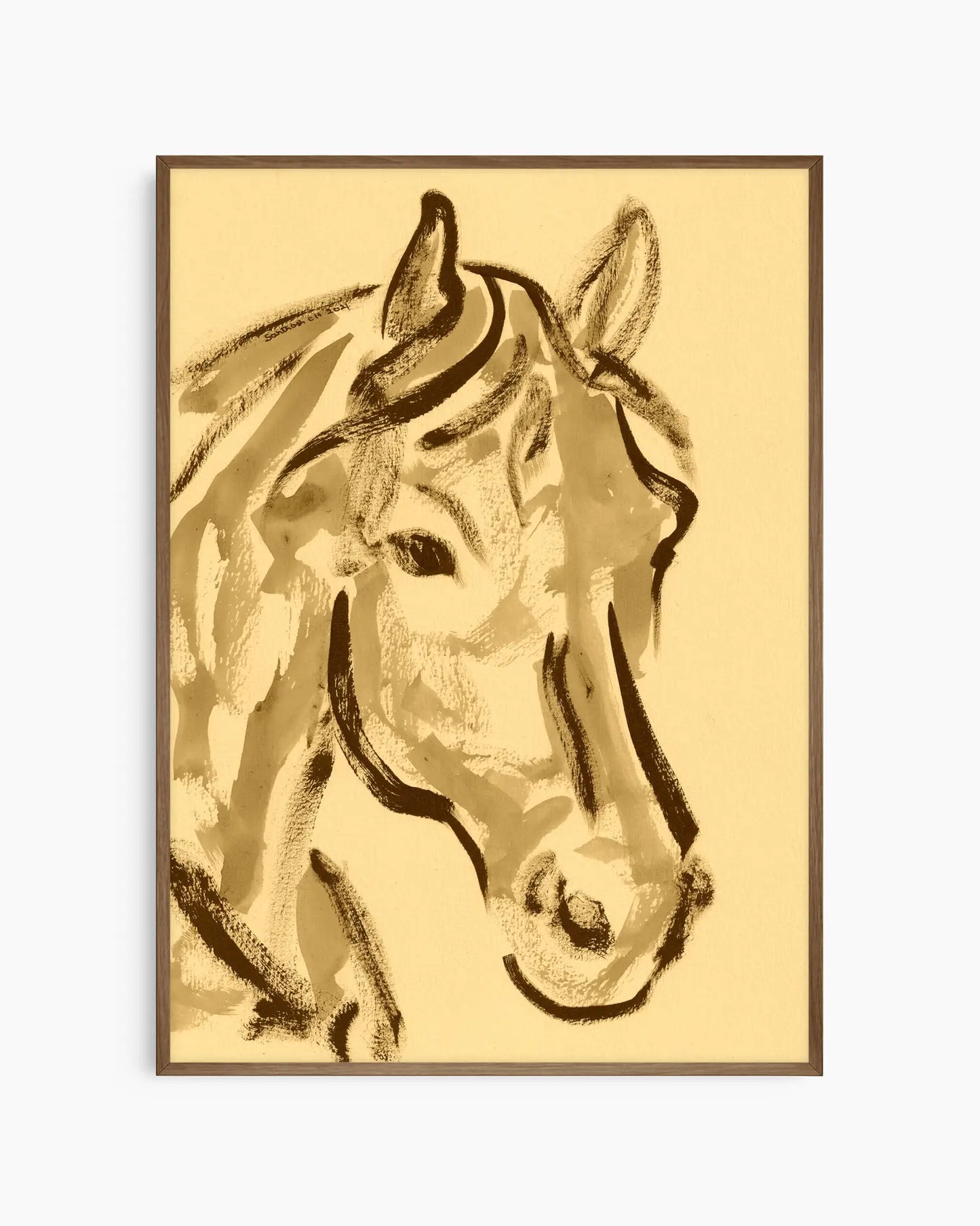 Framed artwork of a horse's head on a beige background in a smoked oak frame.