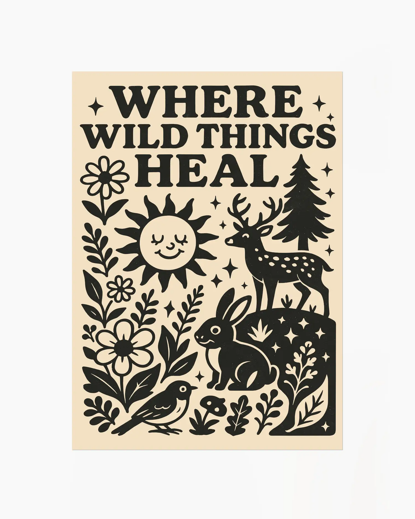 Decorative poster with black illustrations and 'Where Wild Things Heal' text on a beige background