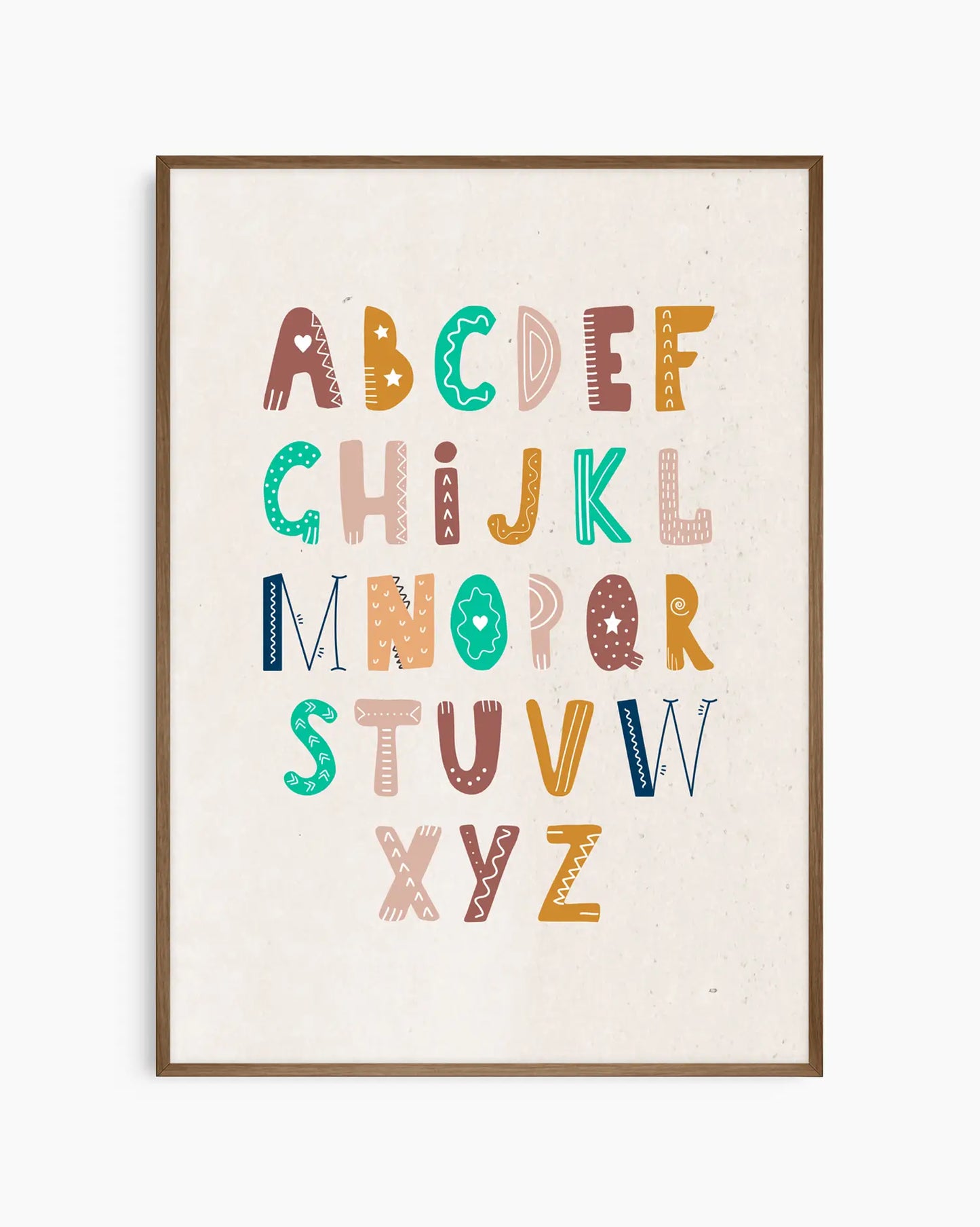 Framed alphabet poster with colorful letters on a white background